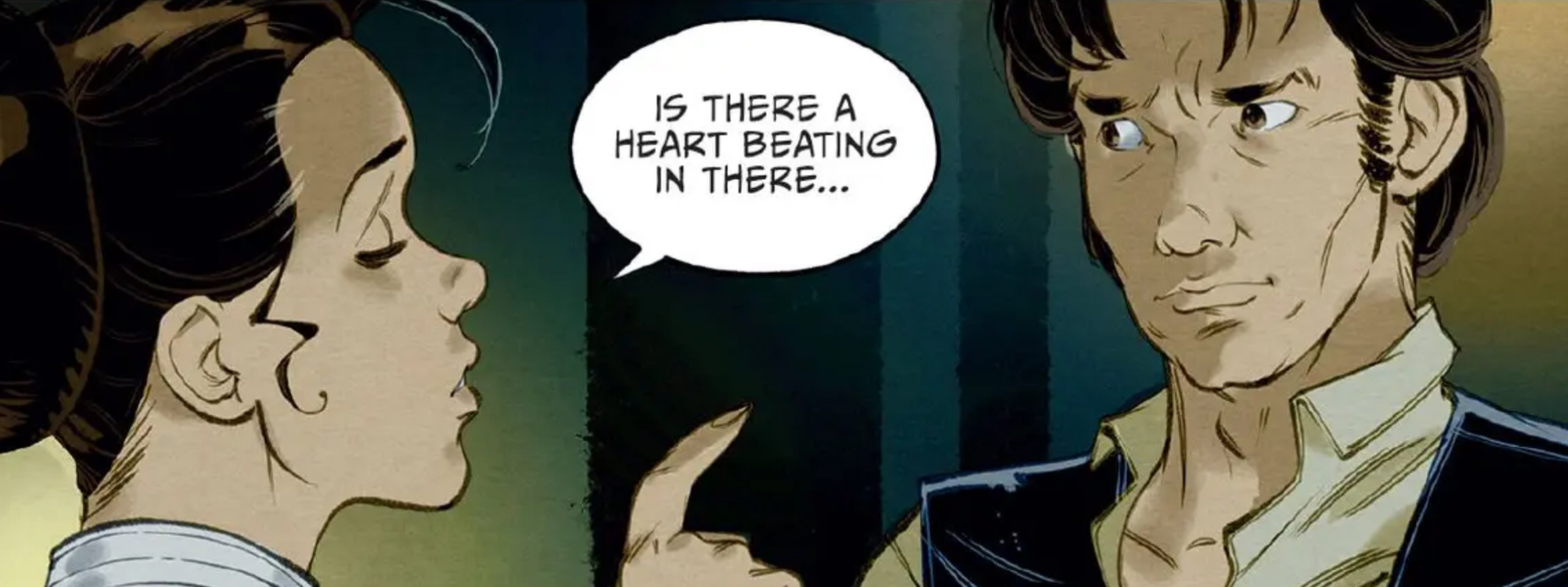 Leia Organa & Han Solo in a Star Wars comic panel: "Is there a heart beating in there..."