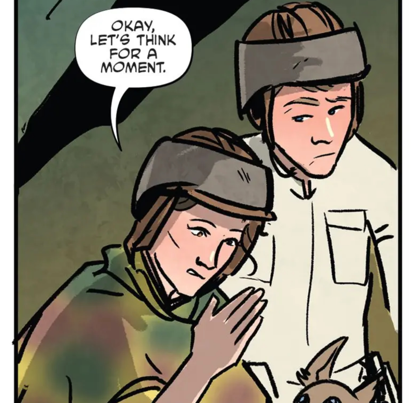 Leia Organa & Han Solo in a Star Wars comic panel: "Okay, let's think for a moment."