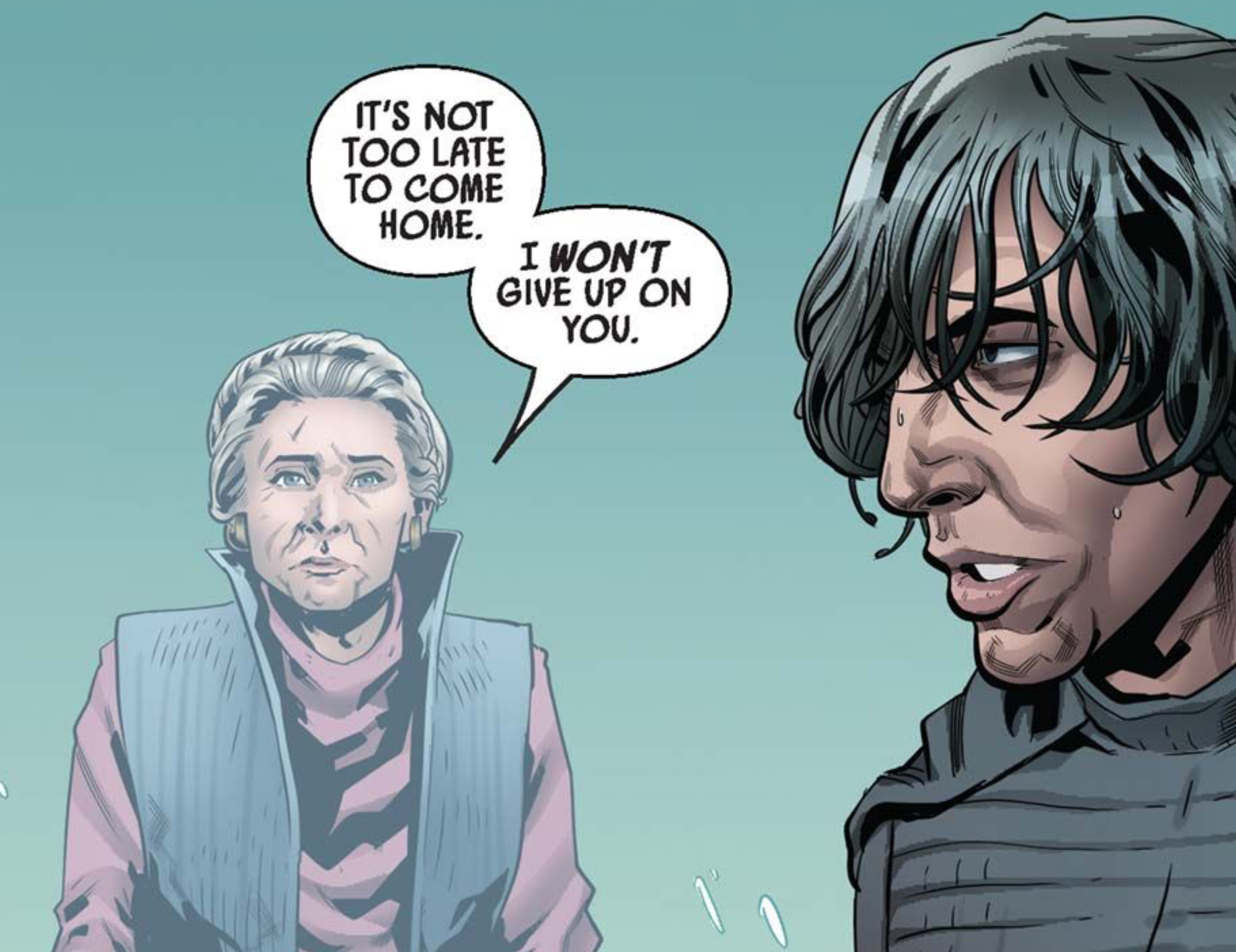 Leia Organa & Ben Solo in a Star Wars comic panel: "It's not too late to come home. I won't give up on you."