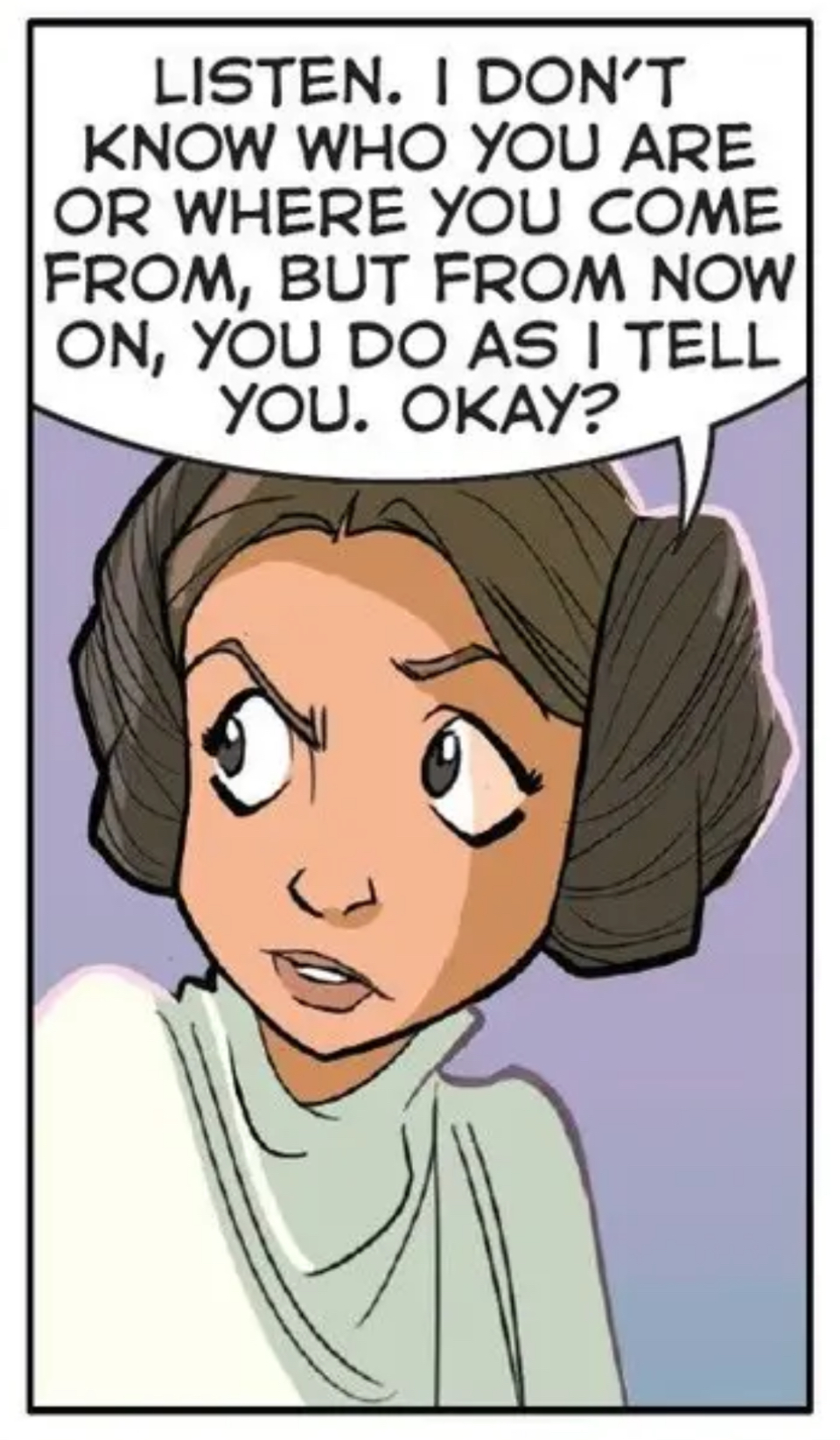 Leia Organa in a Star Wars comic panel: "Listen. I don't know who you are or where you come from, but from now on, you do as I tell you. Okay?"