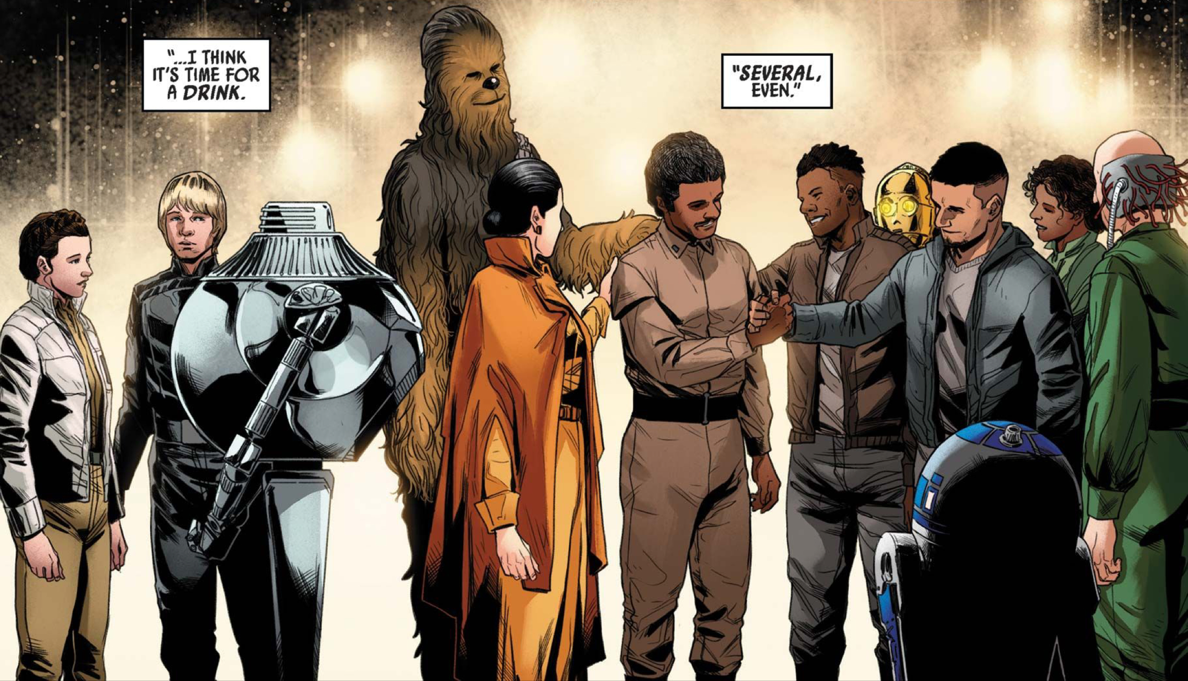 Leia Organa & Luke Skywalker in a Star Wars comic panel: "I think it's time for a drink. Several, even."