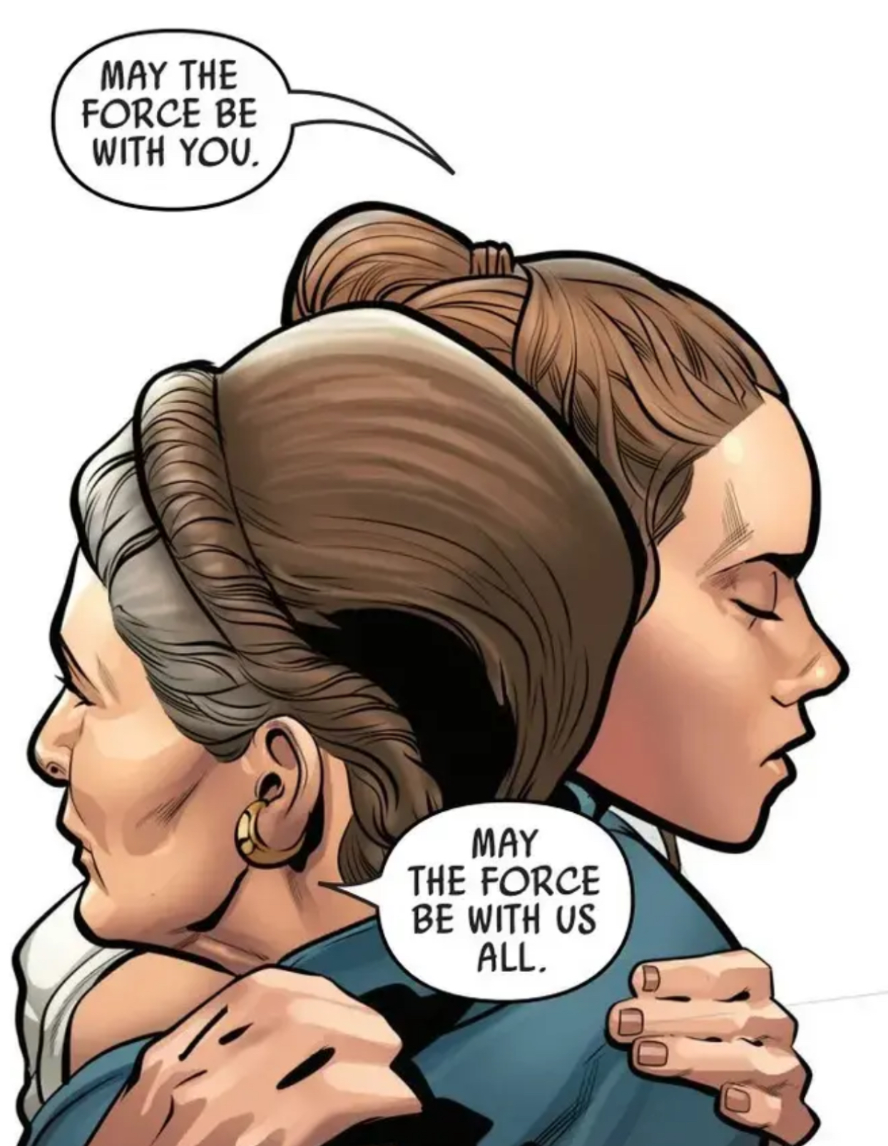 Leia Organa & Rey in a Star Wars comic panel: "May the Force be with you. May the Force be with us all."