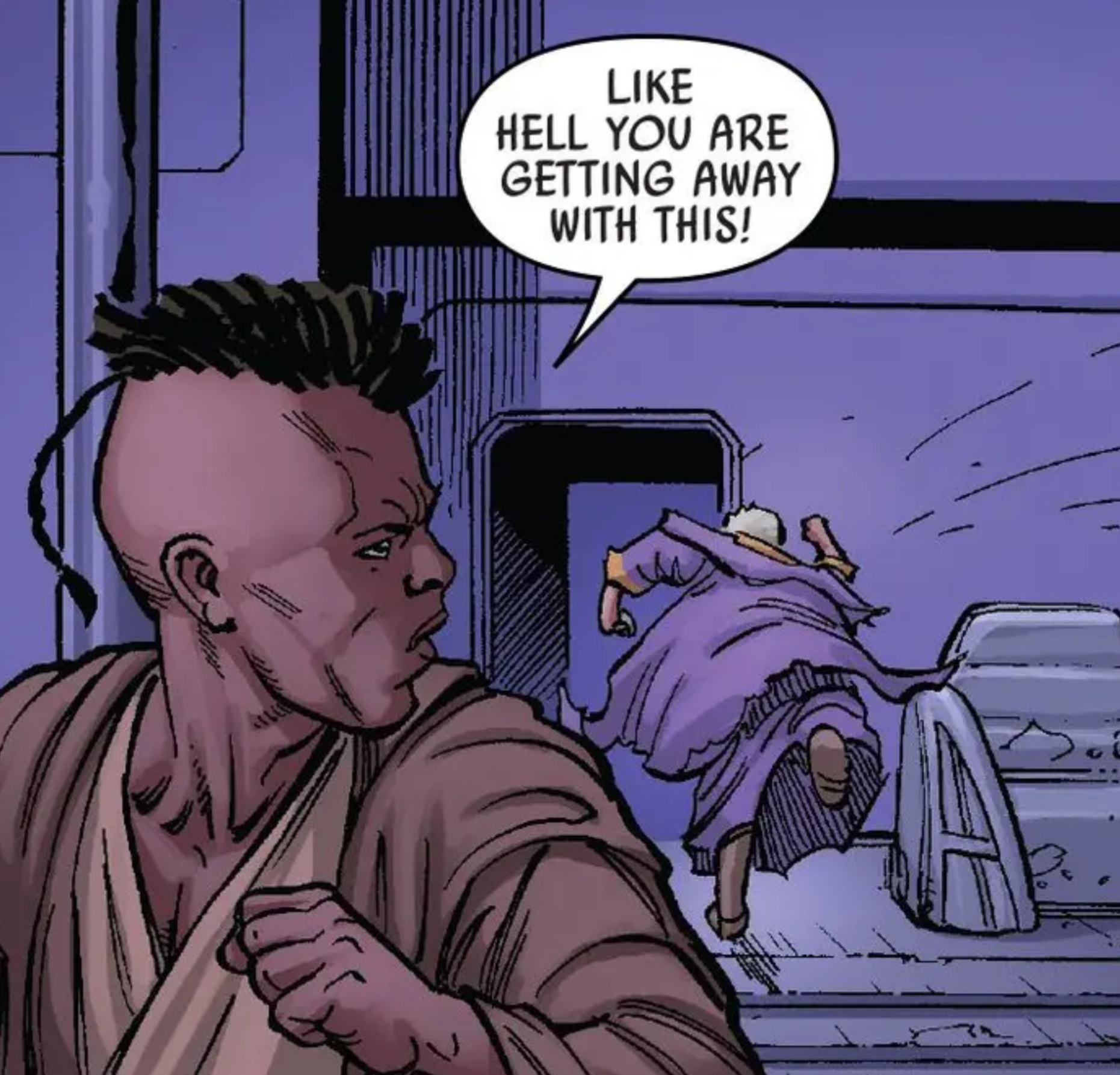 Mace Windu in a Star Wars comic panel: "Like hell you are getting away with this!"