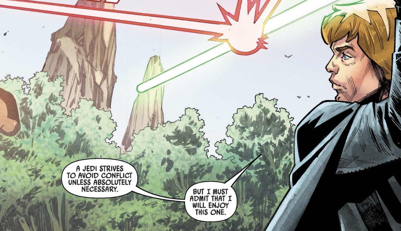 Luke Skywalker in a Star Wars comic panel: "A Jedi strives to avoid conflict unless absolutely necessary. But I must admit that I will enjoy this one."
