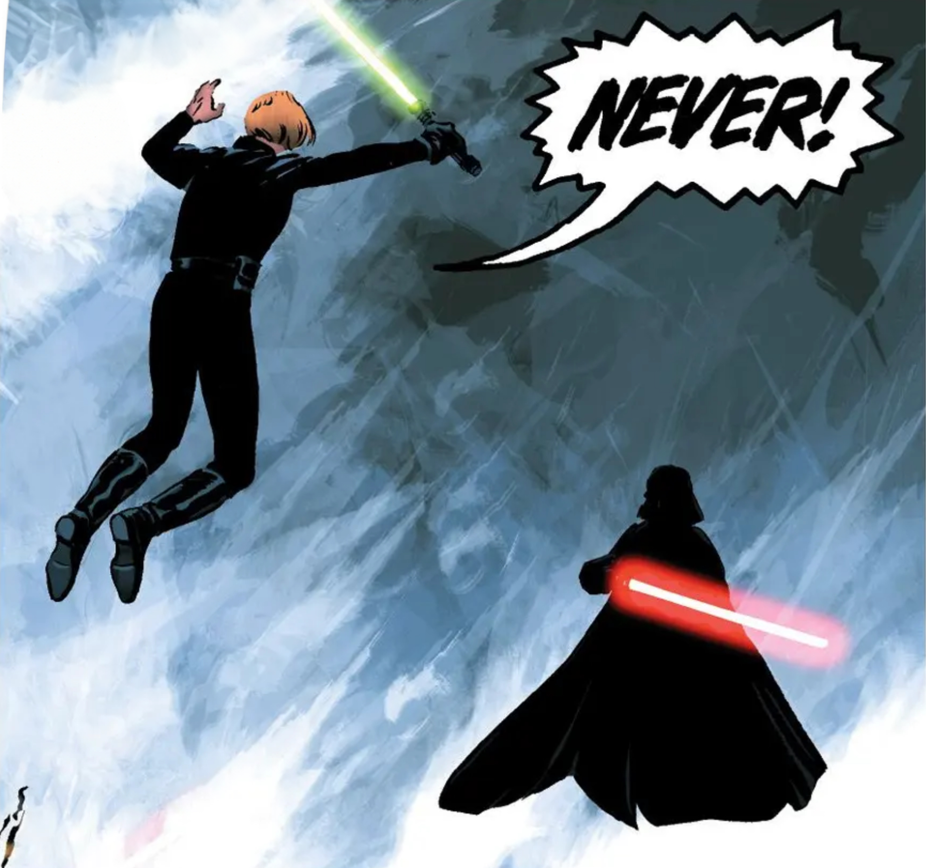 Luke Skywalker & Darth Vader in a Star Wars comic panel: "Never!"