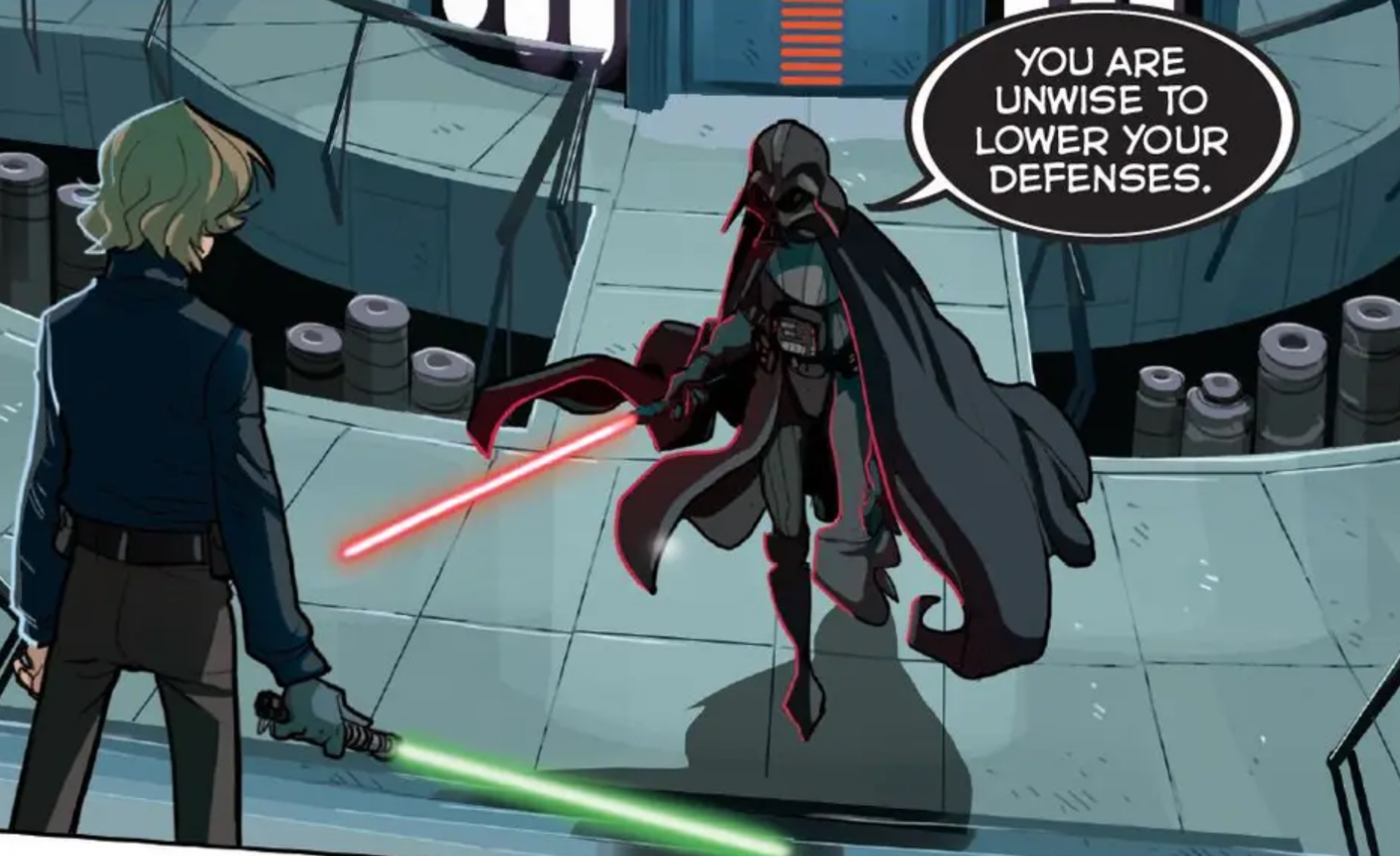 Luke Skywalker & Darth Vader in a Star Wars comic panel: "You are unwise to lower your defenses."