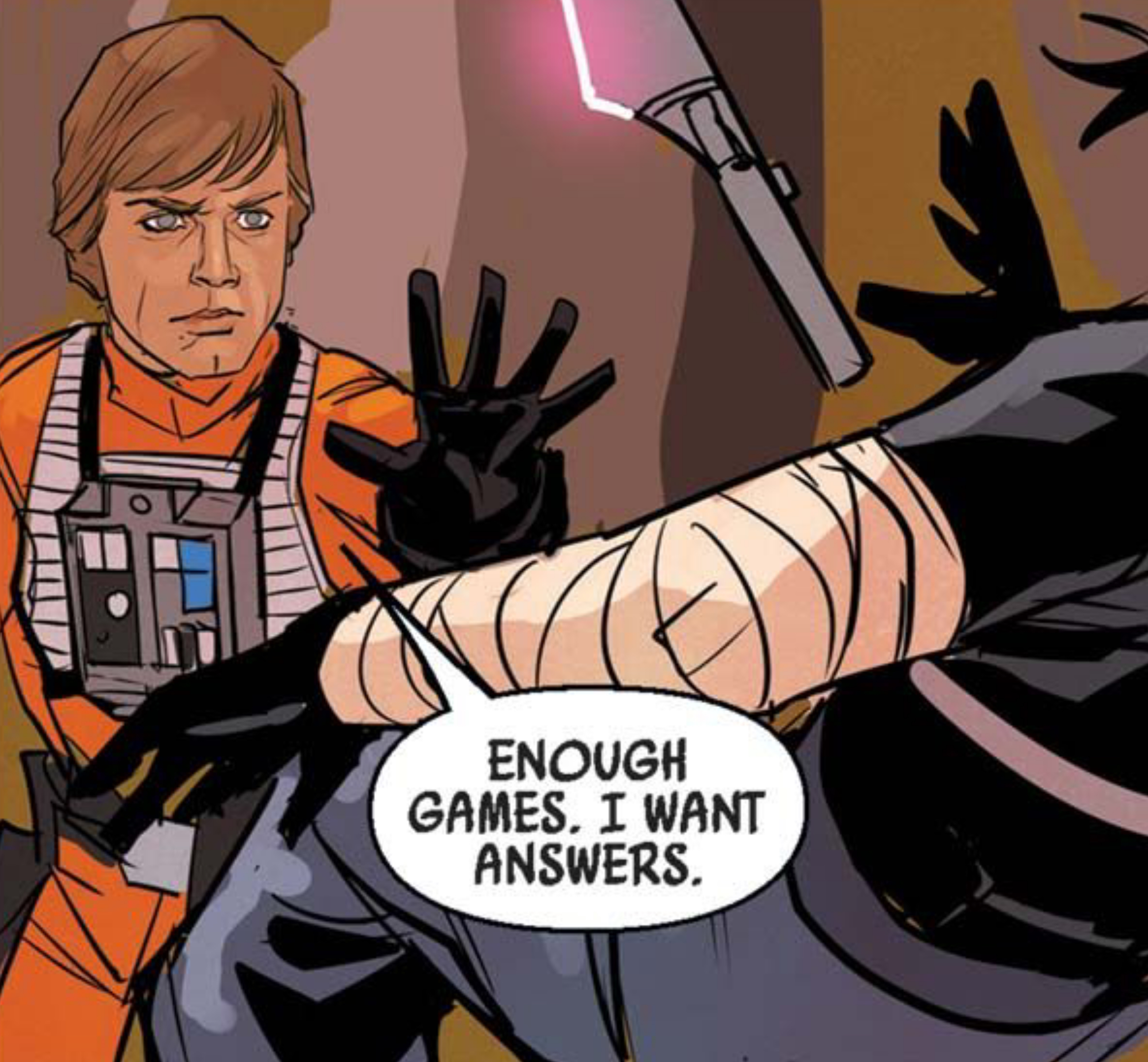 Luke Skywalker in a Star Wars comic panel: "Enough games. I want answers."