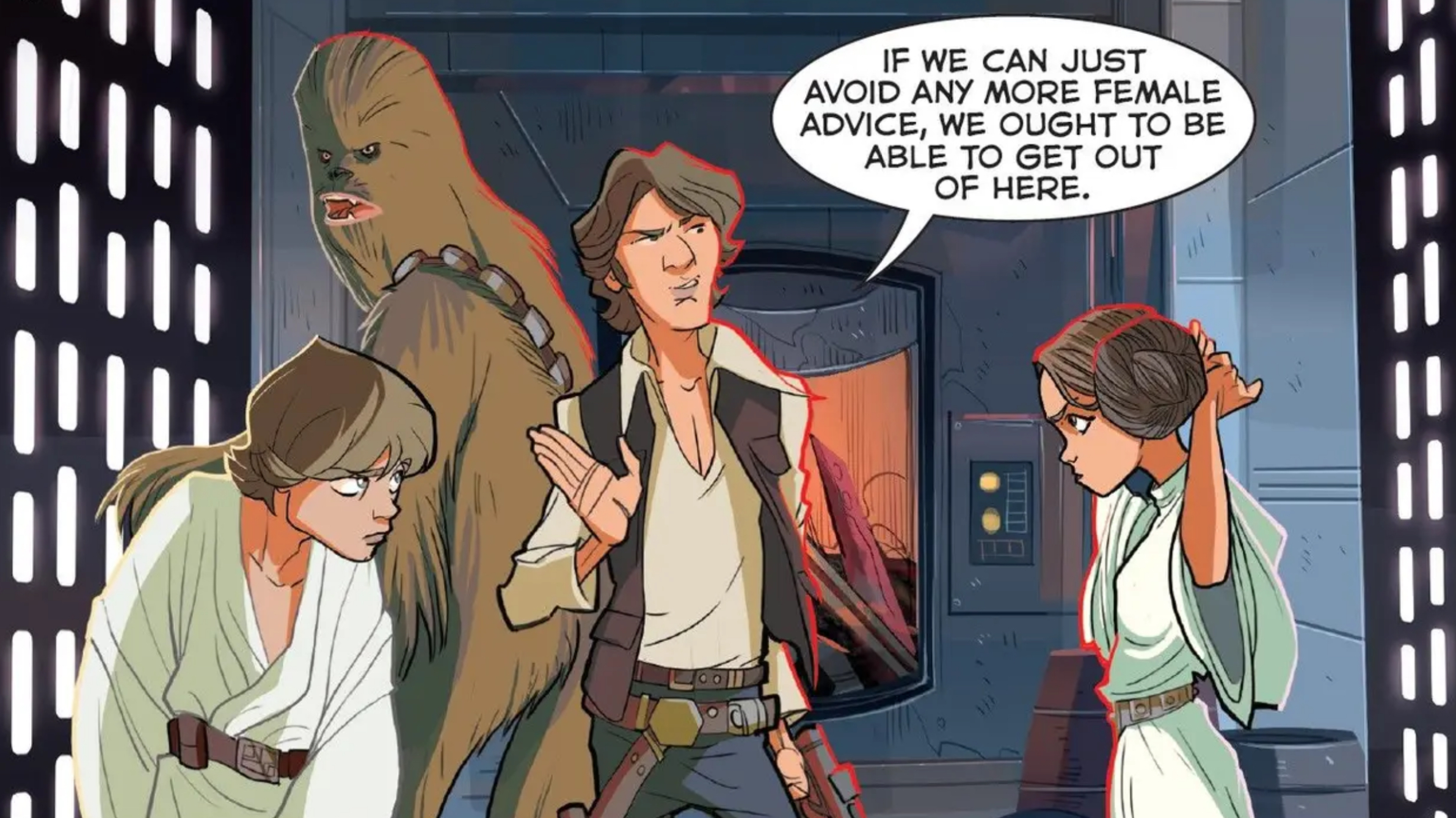Luke Skywalker & Chewbacca in a Star Wars comic panel: "If we can just avoid any more female advice, we ought to be able to get out of here."