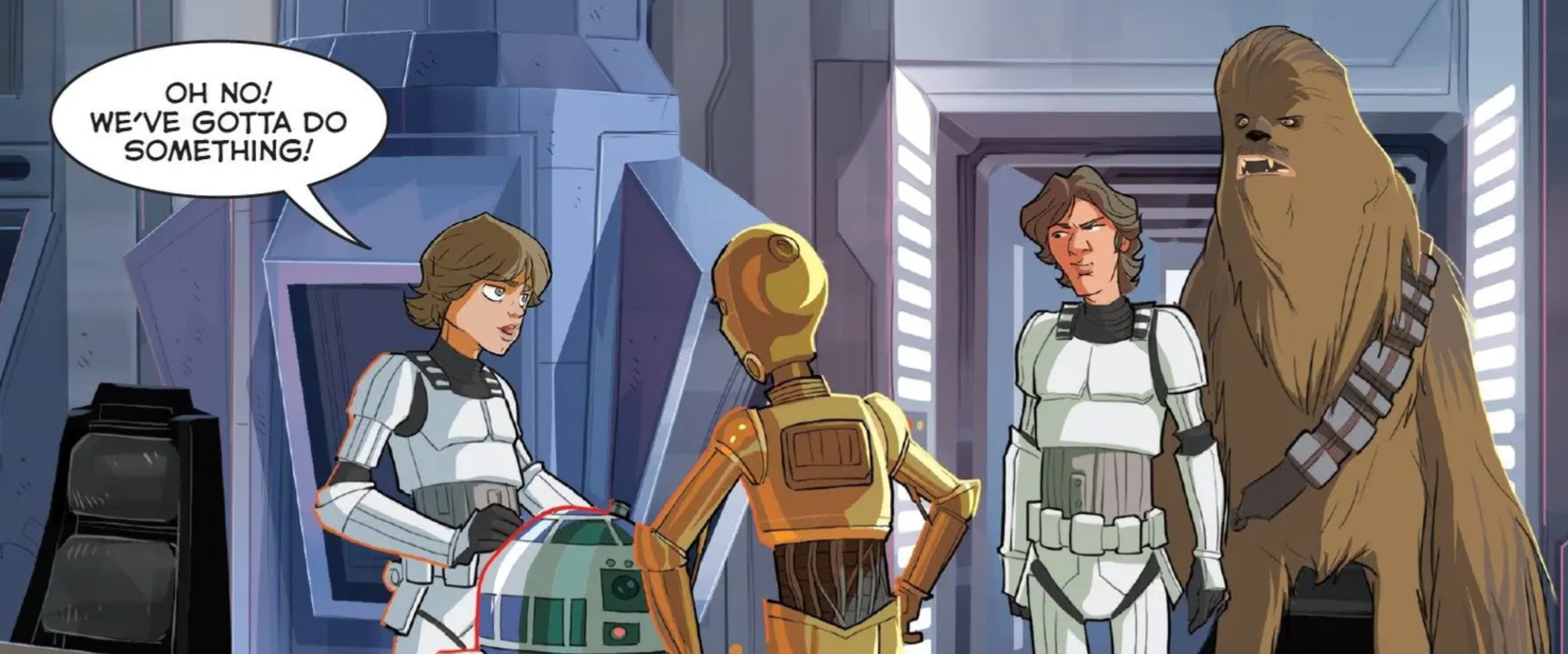 Luke Skywalker & Han Solo in a Star Wars comic panel: "Oh no! We've gotta do something!"