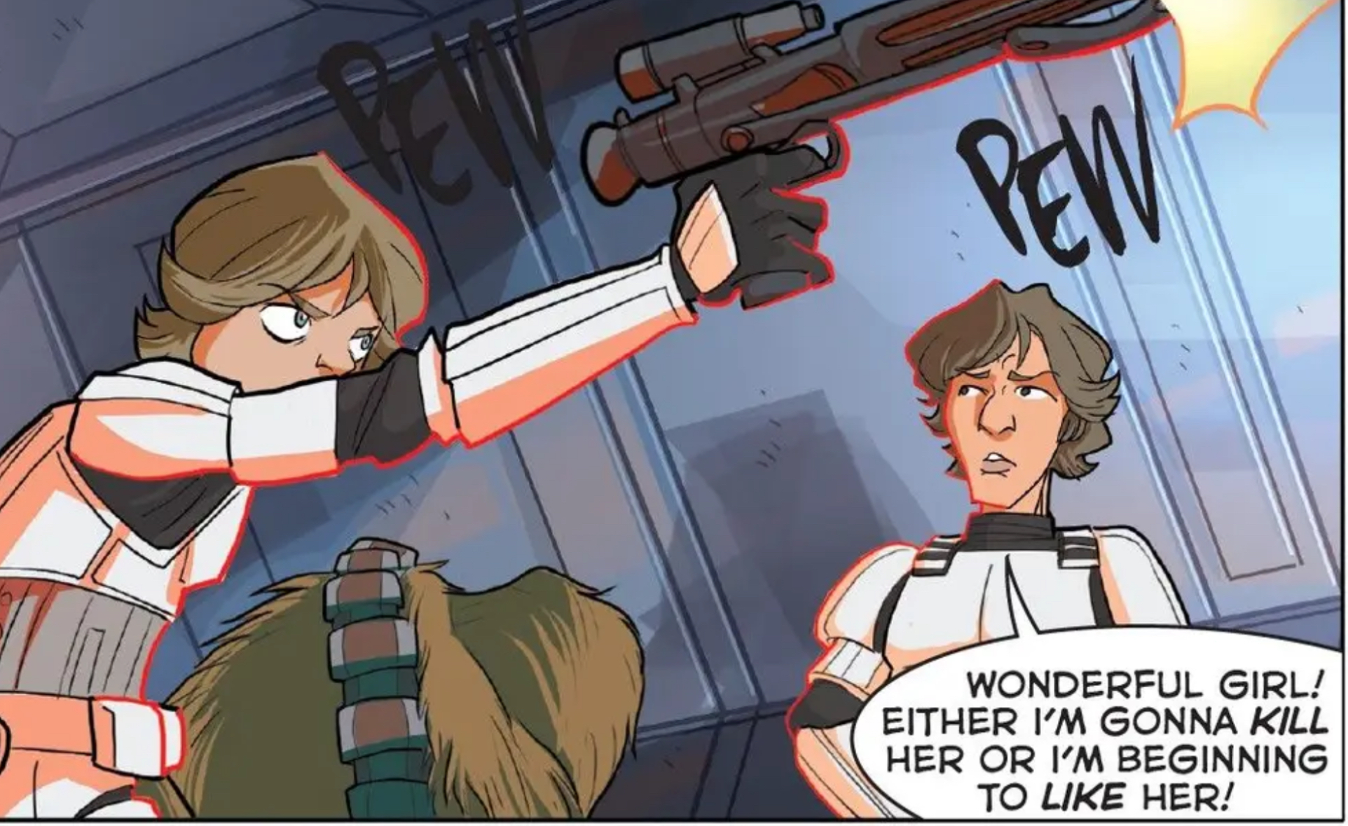 Luke Skywalker & Han Solo in a Star Wars comic panel: "Wonderful girl! Either I'm gonna kill her or I'm beginning to like her!"