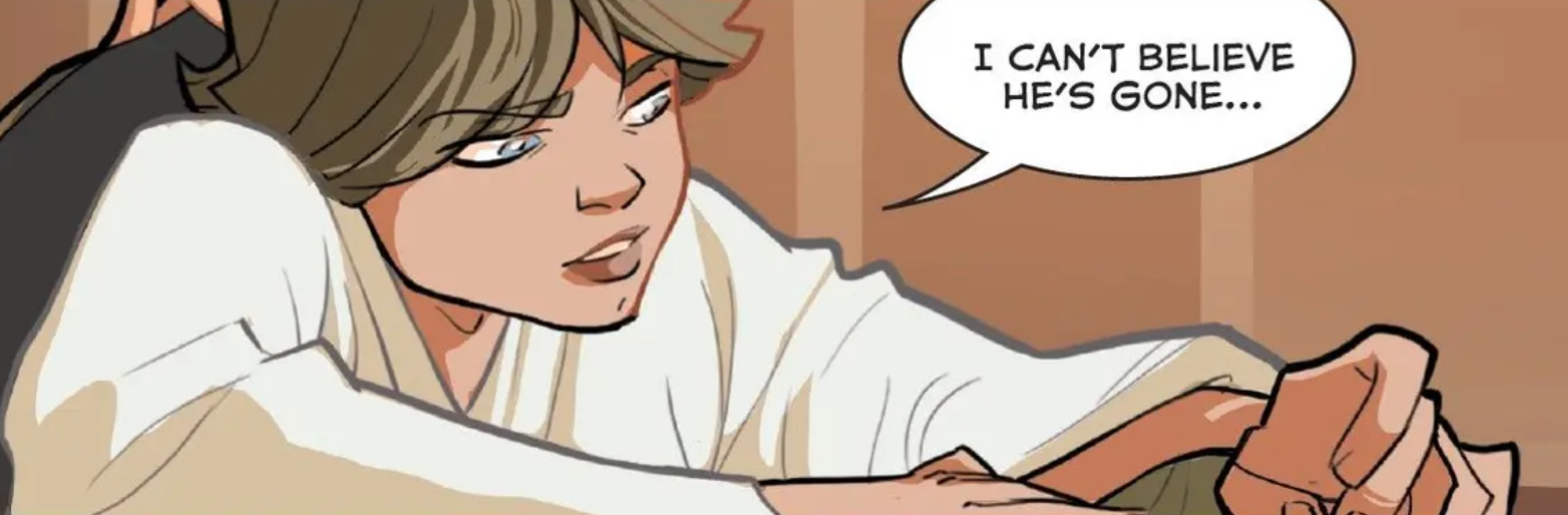 Luke Skywalker in a Star Wars comic panel: "I can't believe he's gone..."