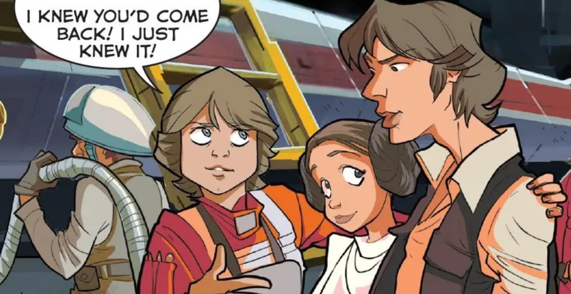 Luke Skywalker & Leia Organa in a Star Wars comic panel: "I knew you'd come back! I just knew it!"