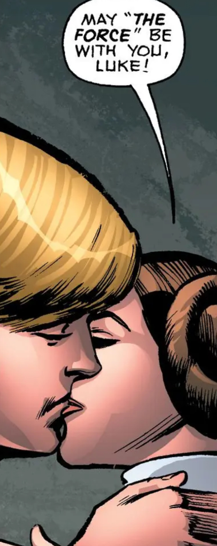 Luke Skywalker & Leia Organa in a Star Wars comic panel: "May the Force be with you, Luke!"