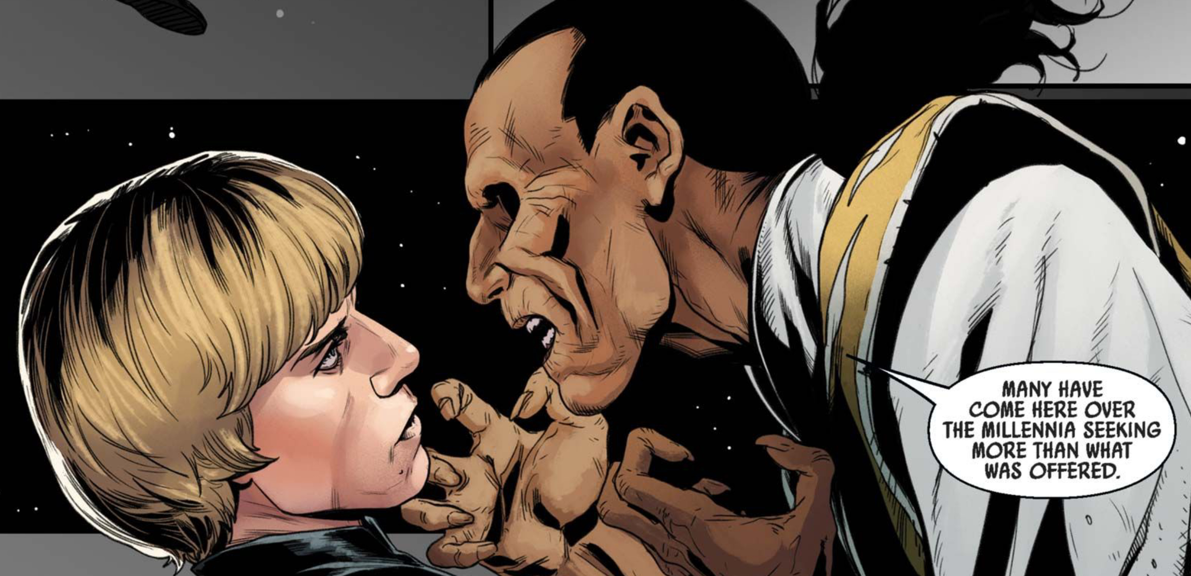 Luke Skywalker & Elzar Mann in a Star Wars comic panel: "Many have come here over the millennia seeking more than what was offered."