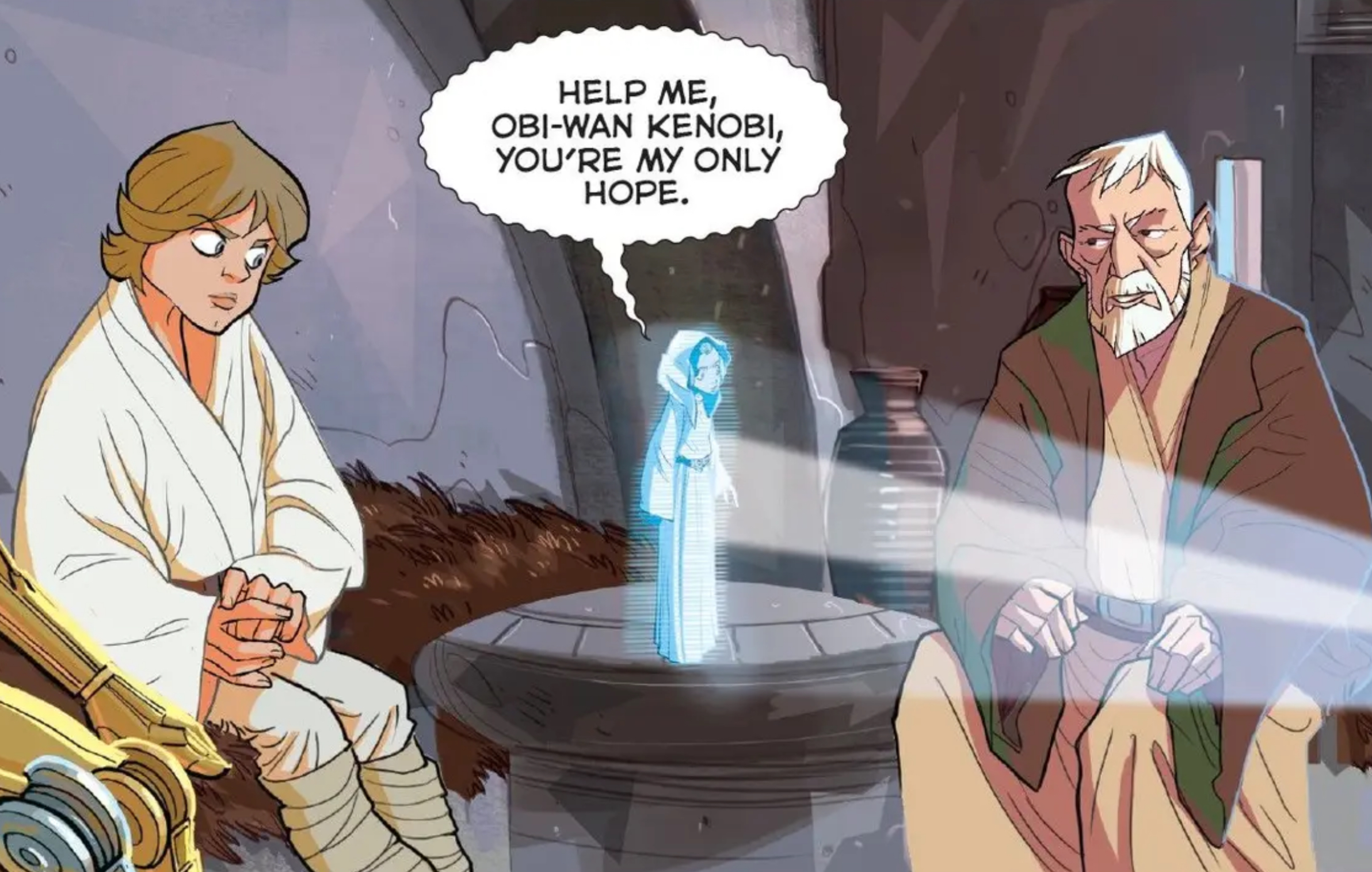 Luke Skywalker & Obi-Wan Kenobi in a Star Wars comic panel: "Help me, Obi-Wan Kenobi, you're my only hope."