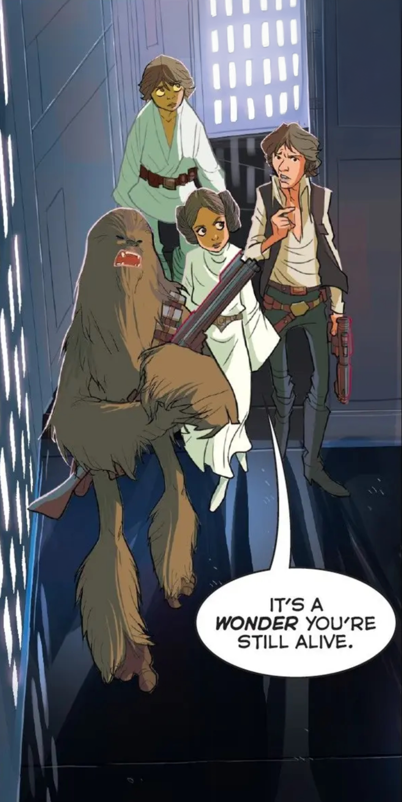 Luke Skywalker & Leia Organa in a Star Wars comic panel: "It's a wonder you're still alive."