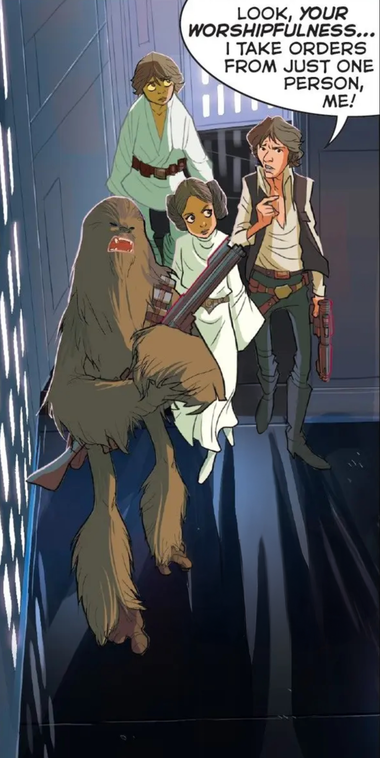 Han Solo & Leia Organa in a Star Wars comic panel: "Look, your worshipfulness... I take orders from just one person, me!"