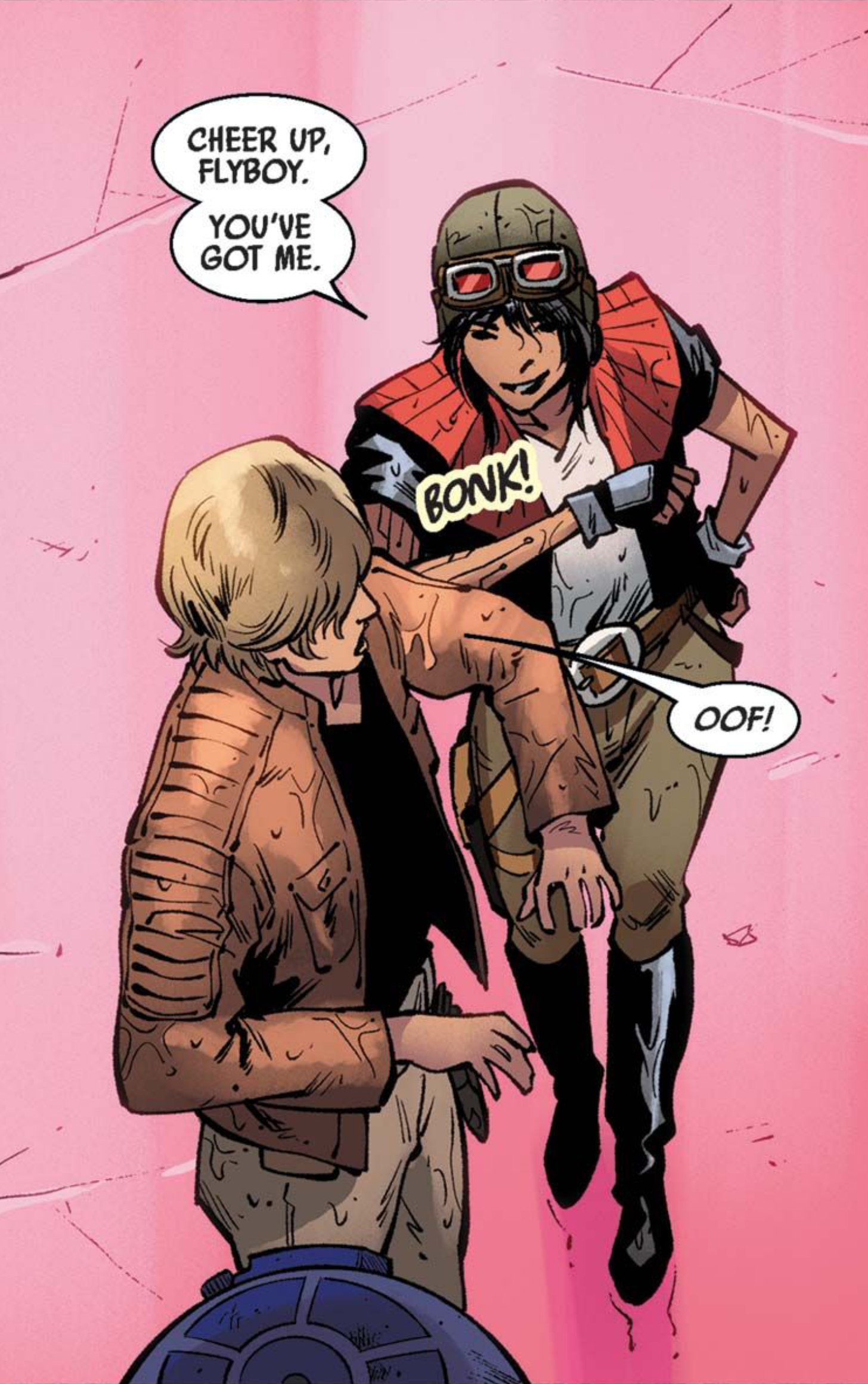 Luke Skywalker & Doctor Aphra in a Star Wars comic panel: "Cheer up, flyboy. You've got me."