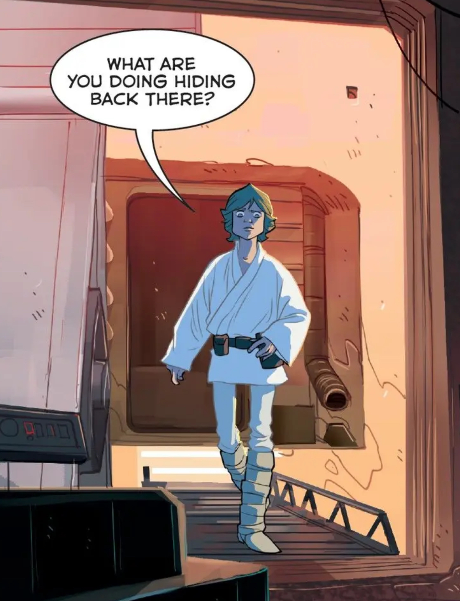 Luke Skywalker in a Star Wars comic panel: "What are you doing hiding back there?"