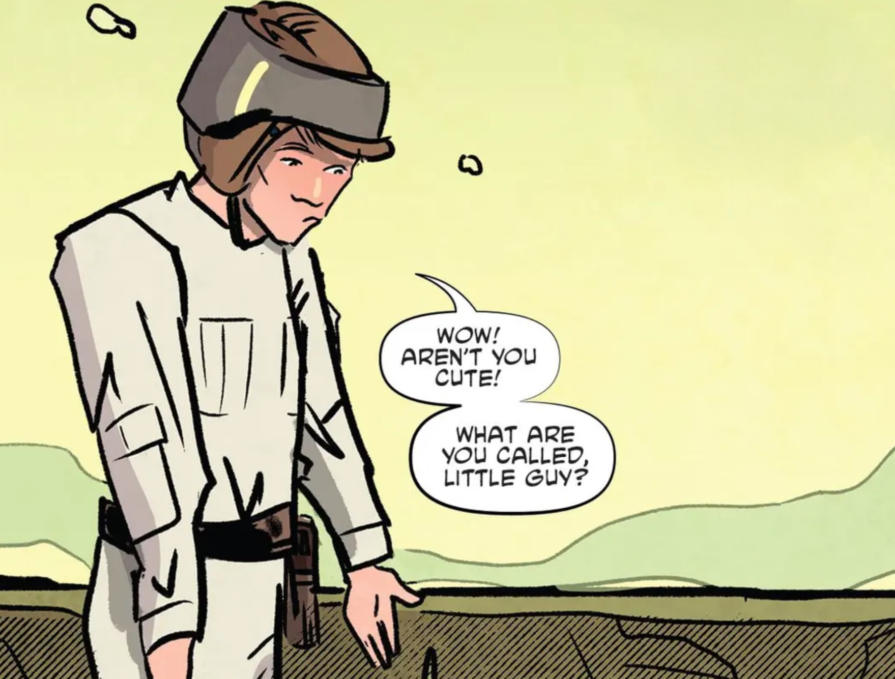 Luke Skywalker in a Star Wars comic panel: "Wow! Aren't you cute! What are you called, little guy?"