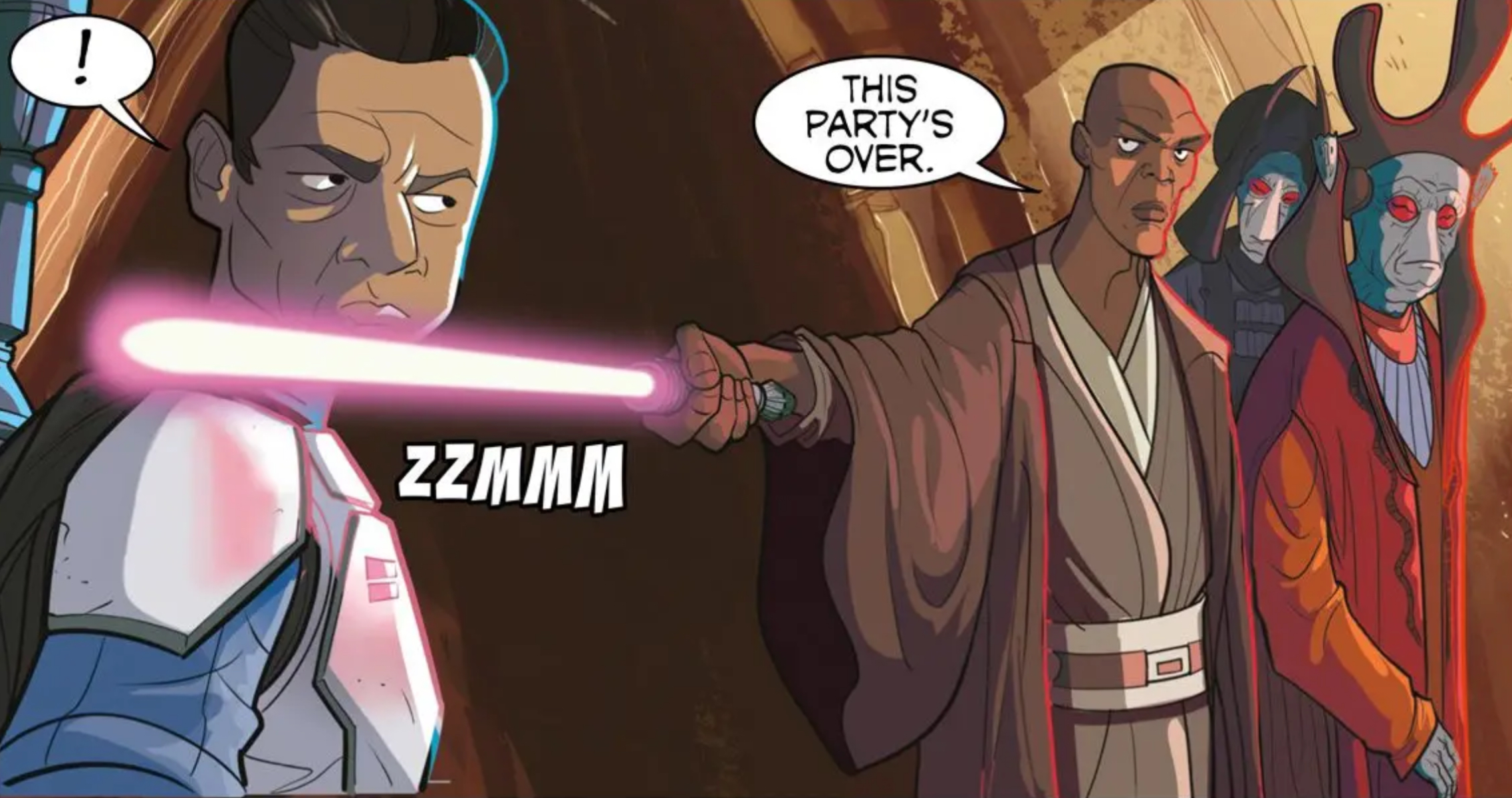 Mace Windu & Clone Trooper in a Star Wars comic panel: "This party's over."
