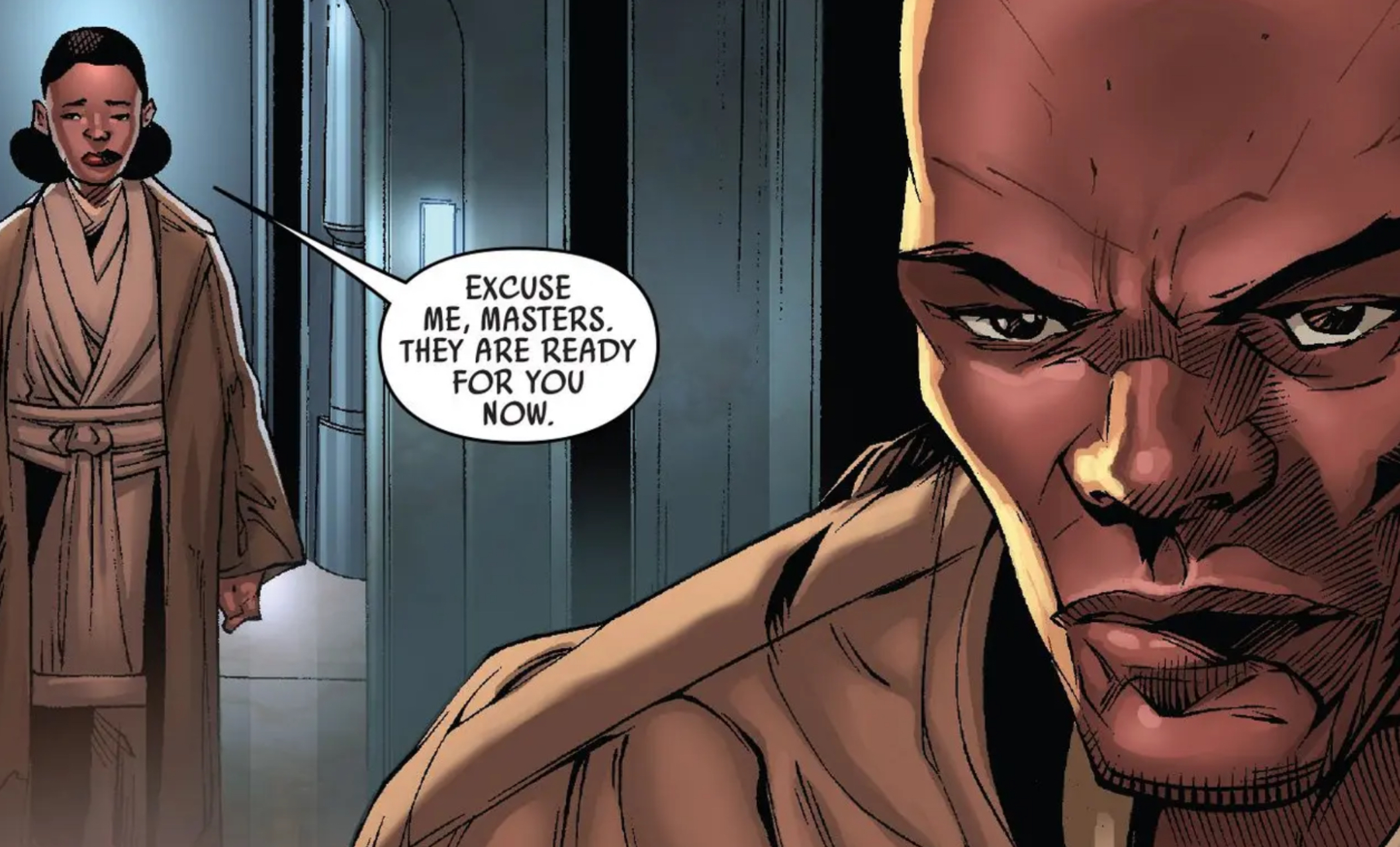 Mace Windu in a Star Wars comic panel: "Excuse me, masters. They are ready for you now."