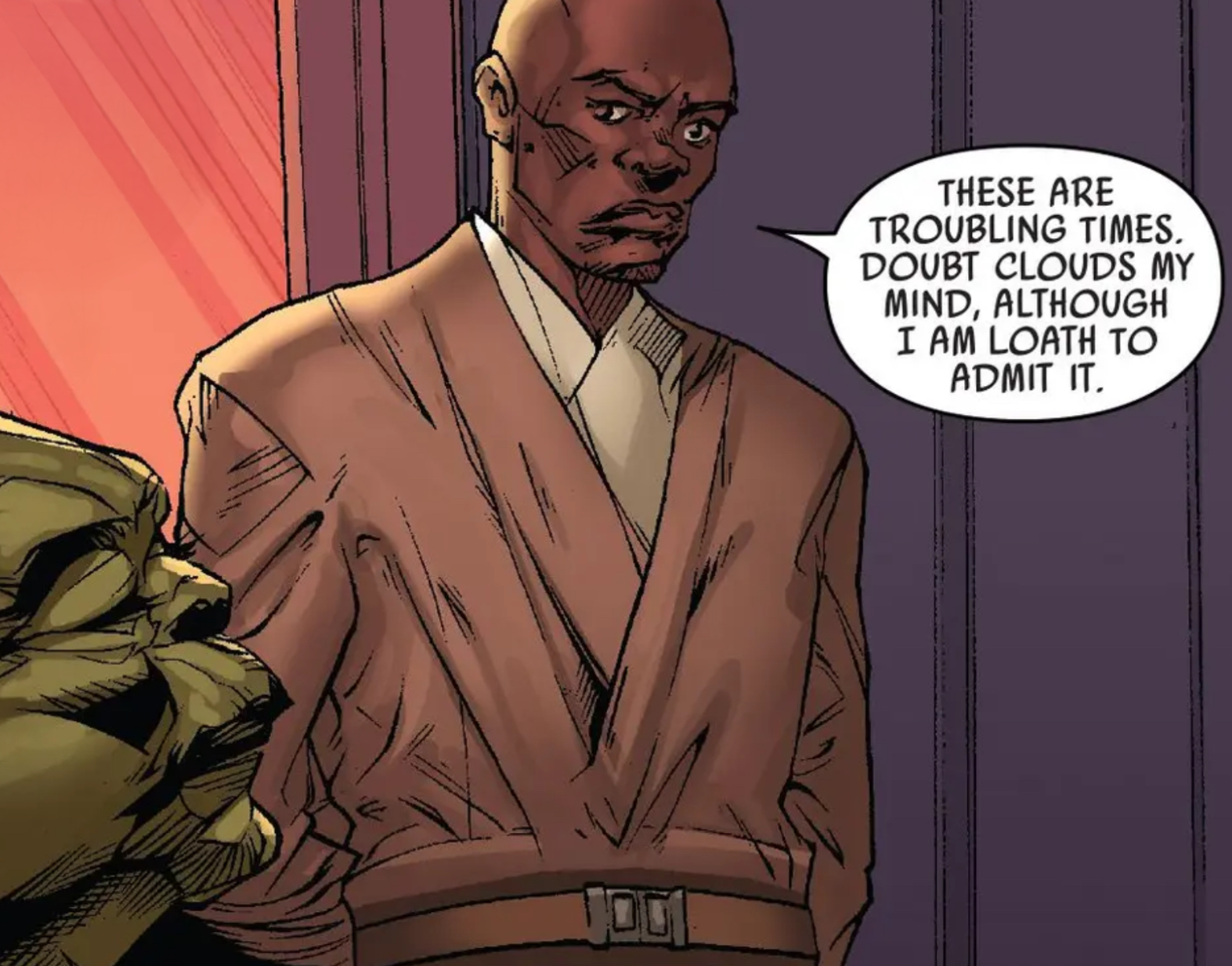 Mace Windu & Yoda in a Star Wars comic panel: "These are troubling times. Doubt clouds my mind, although I am loath to admit it."