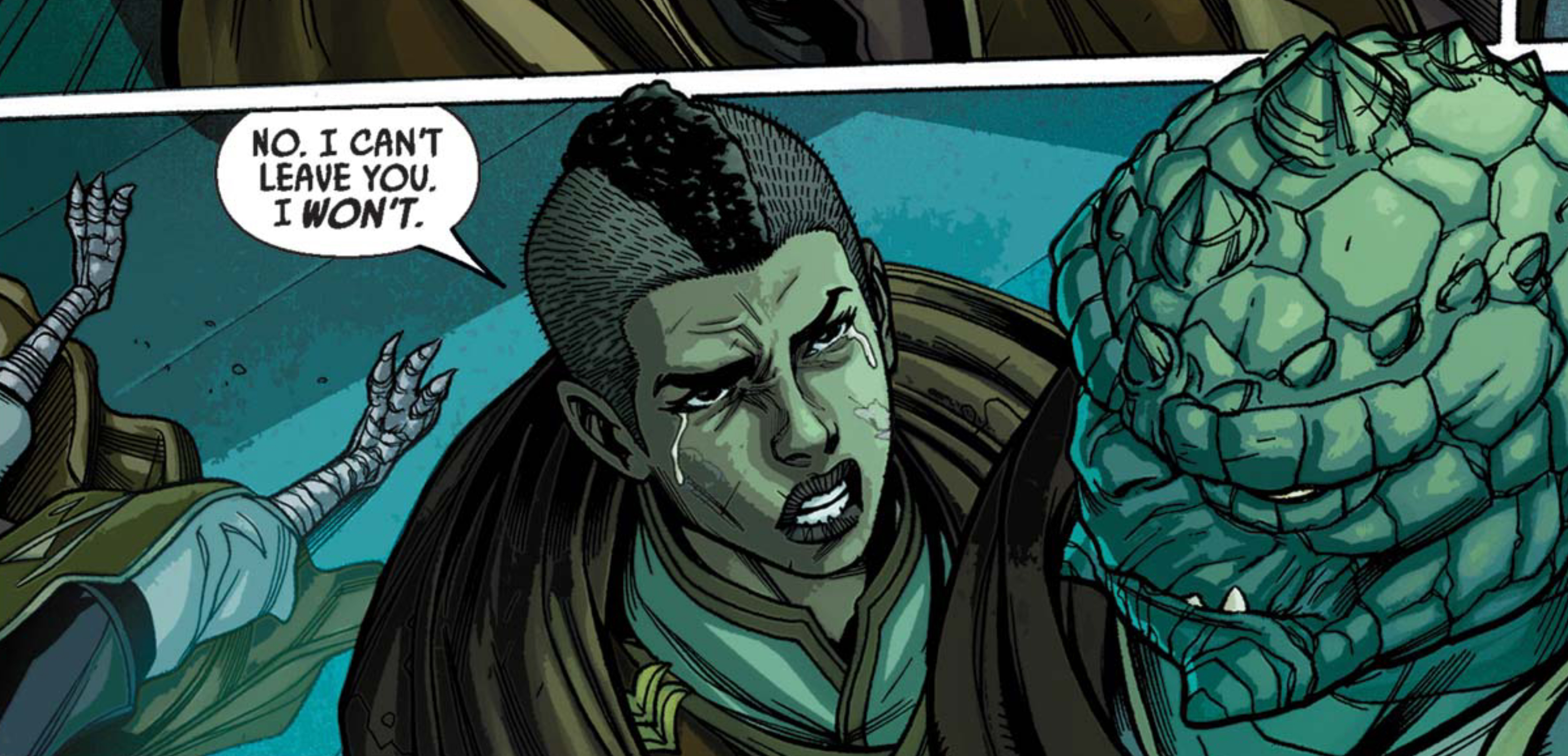 Keeve Trennis & Sskeer in a Star Wars comic panel: "No. I can't leave you. I won't."