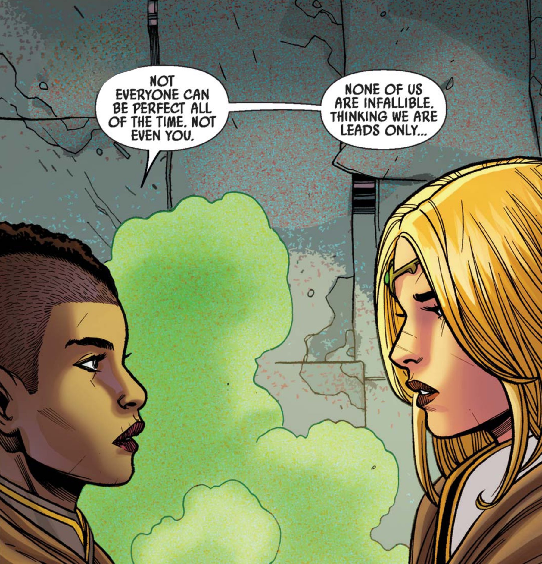 Keeve Trennis & Avar Kriss in a Star Wars comic panel: "Not everyone can be perfect all of the time. Not even you. None of us are infallible. Thinking we are leads only..."
