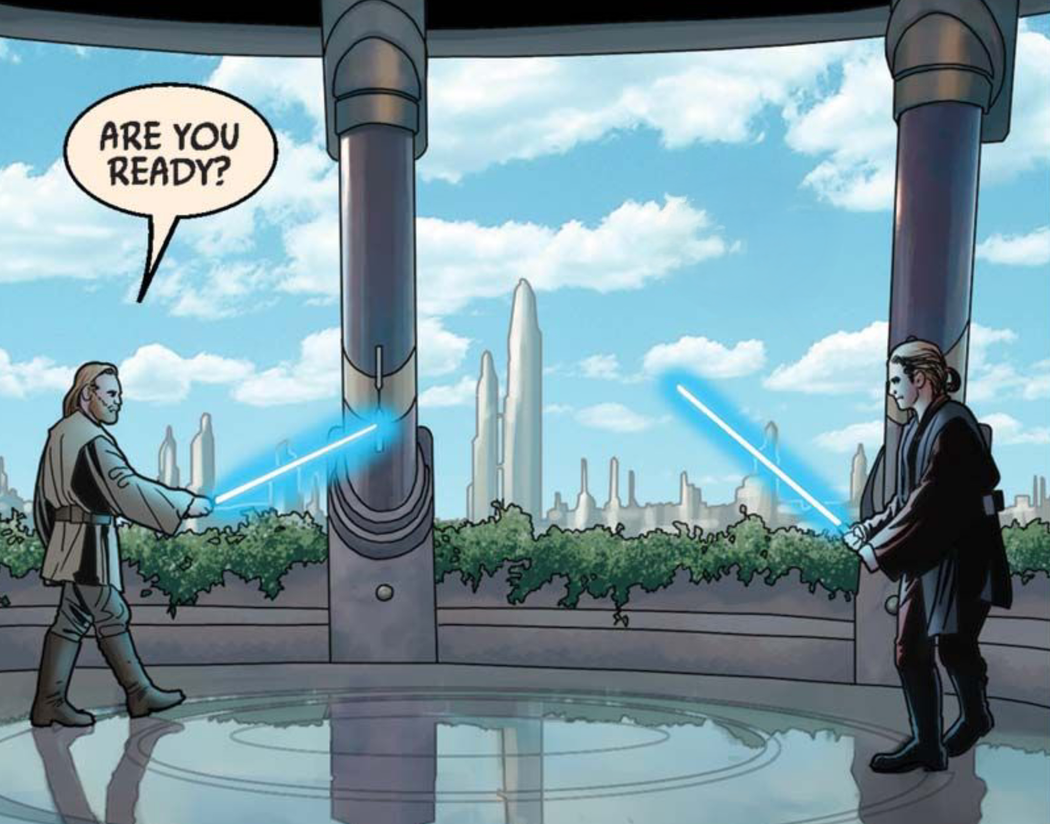 Obi-Wan Kenobi & Anakin Skywalker in a Star Wars comic panel: "Are you ready?"