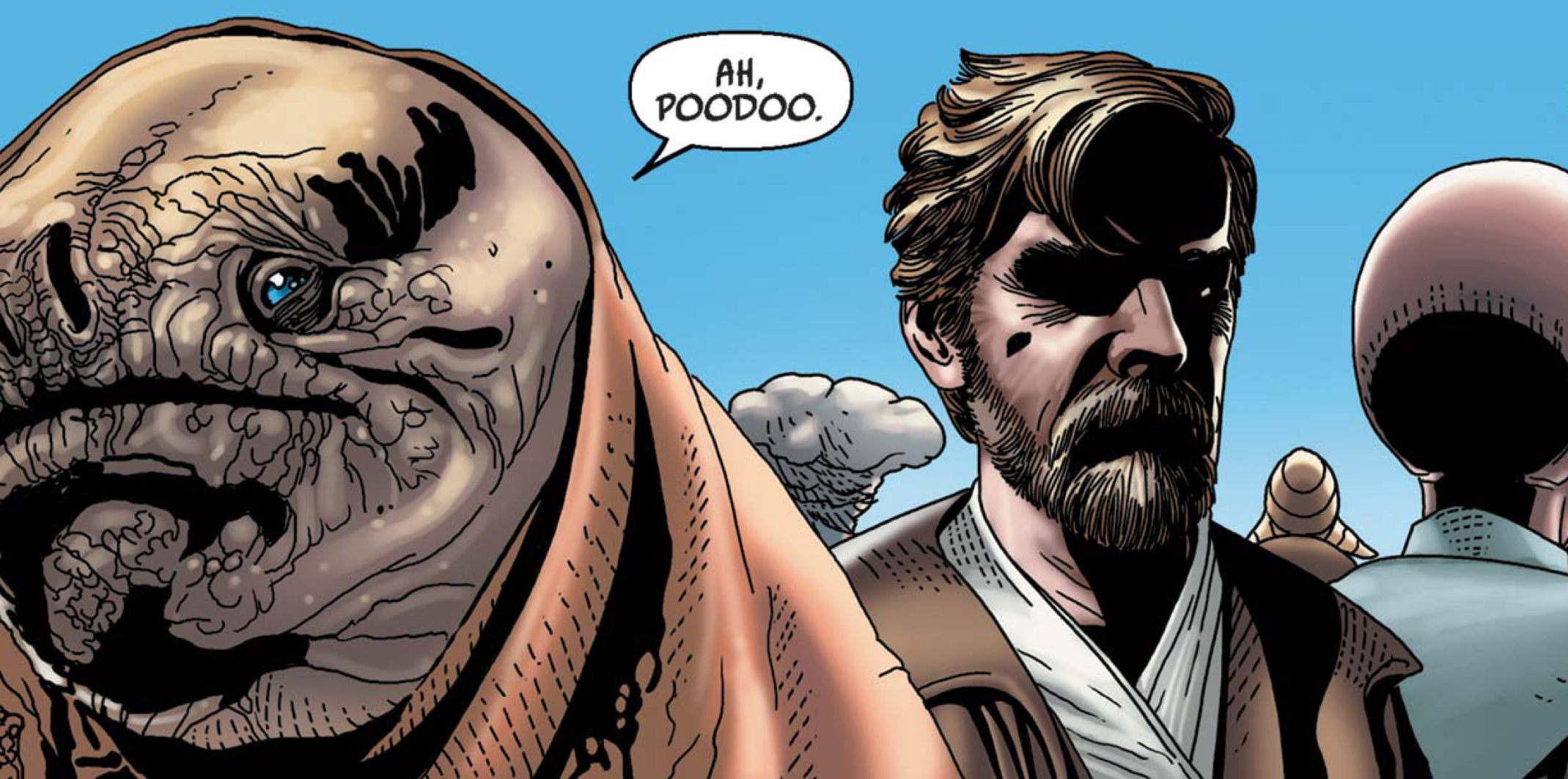 Jabba the Hutt & Obi-Wan Kenobi in a Star Wars comic panel: "Ah, poodoo."
