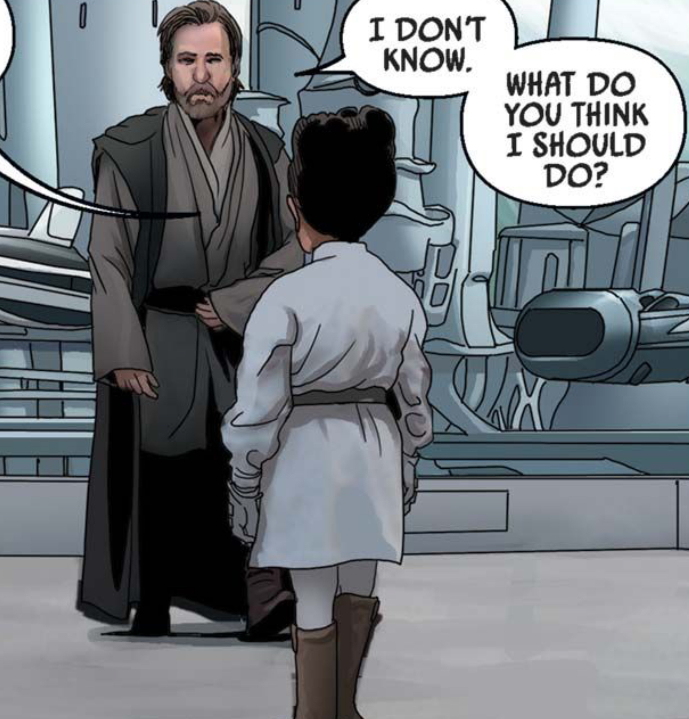 Obi-Wan Kenobi & Luke Skywalker in a Star Wars comic panel: "I don't know. What do you think I should do?"