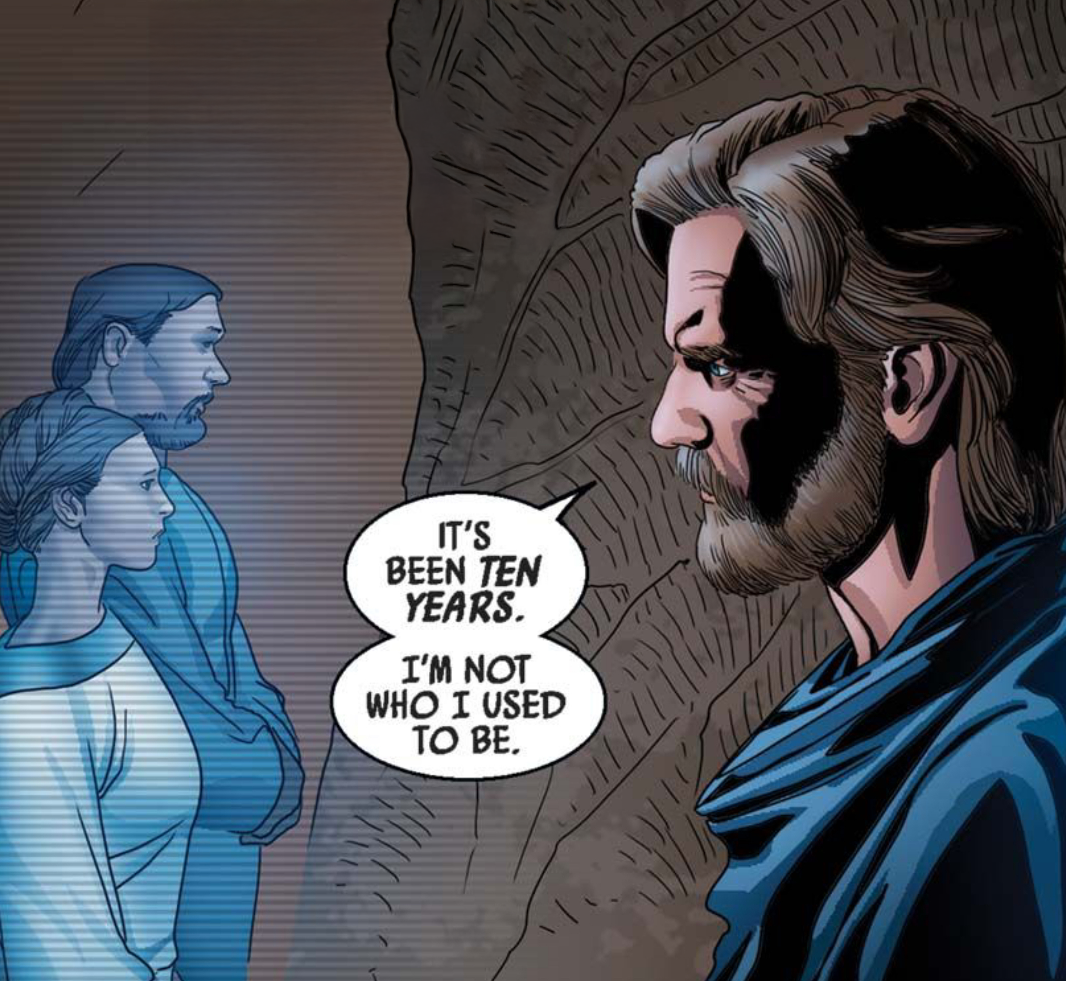 Obi-Wan Kenobi & Owen Lars in a Star Wars comic panel: "It's been ten years. I'm not who I used to be."