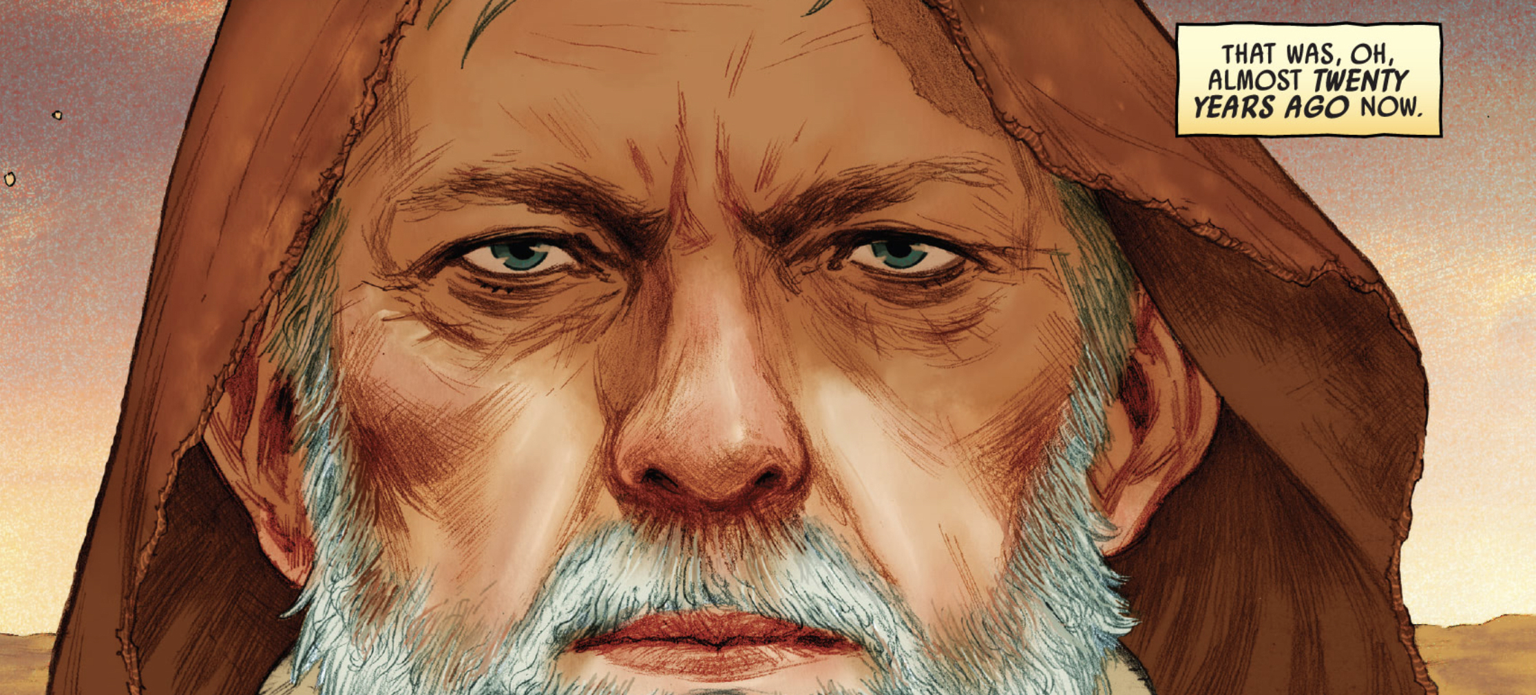 Obi-Wan Kenobi in a Star Wars comic panel: "That was, oh, almost twenty years ago now."