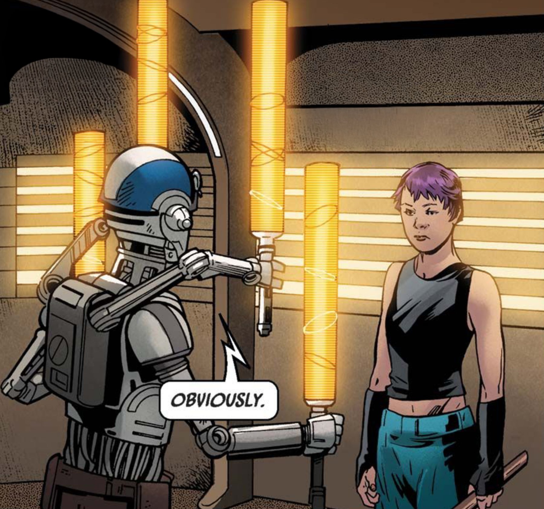 Huyang & Sabine Wren in a Star Wars comic panel: "Obviously."
