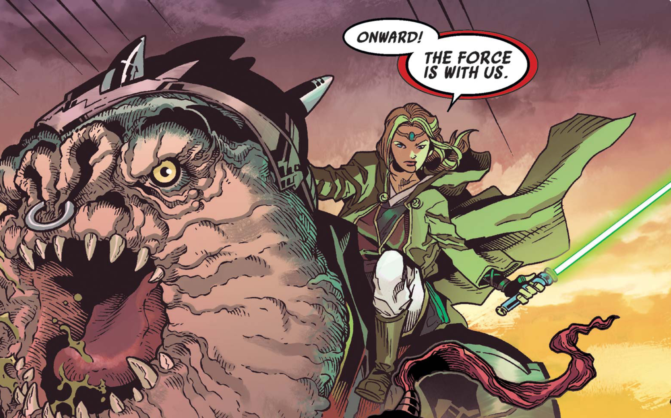 Nomi Sunrider in a Star Wars comic panel: "Onward! The Force is with us."