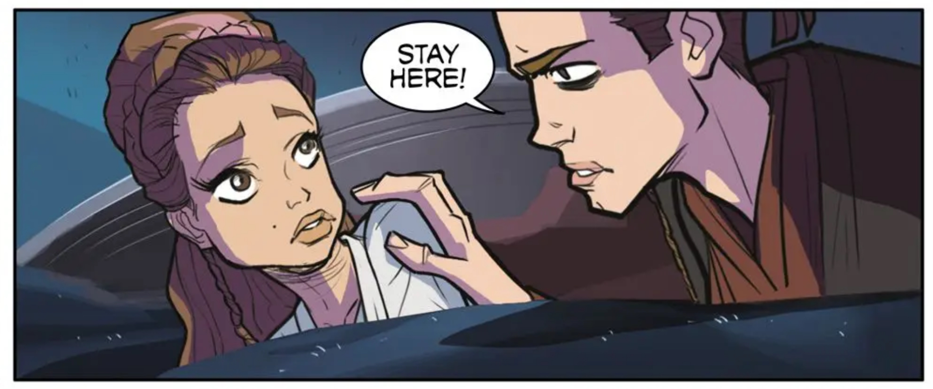 Anakin Skywalker & Padmé Amidala in a Star Wars comic panel: "Stay here!"