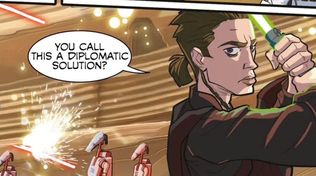 Anakin Skywalker in a Star Wars comic panel: "You call this a diplomatic solution?"