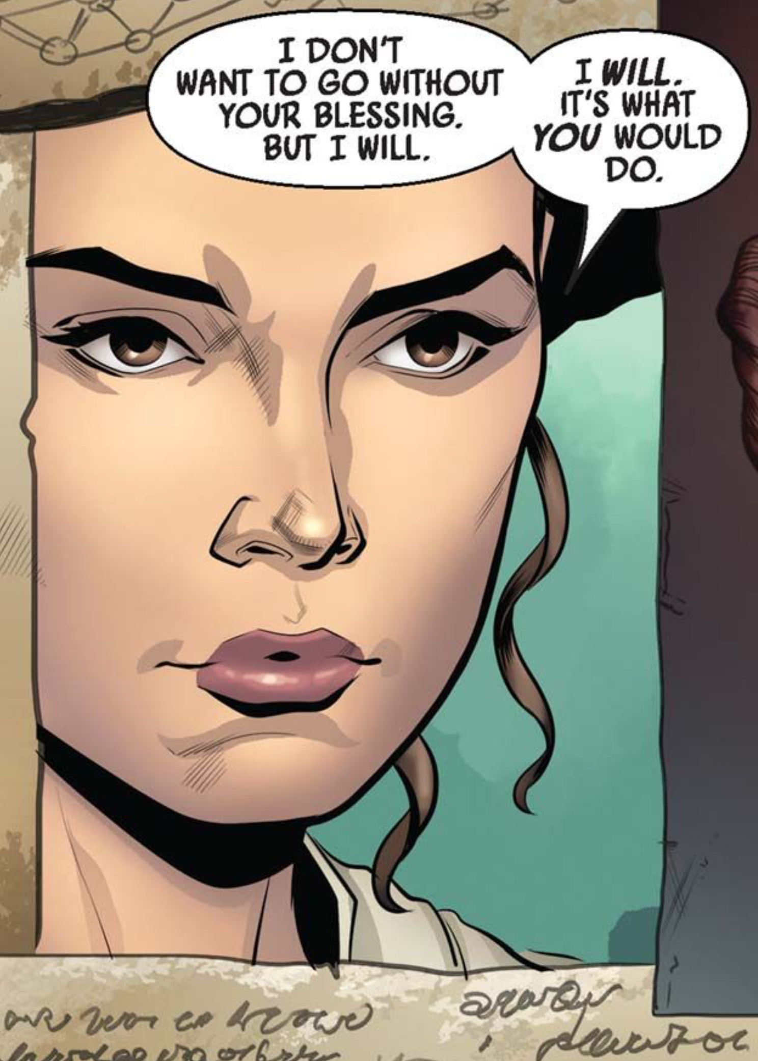 Rey in a Star Wars comic panel: "I don't want to go without your blessing. But I will. I will. It's what you would do."