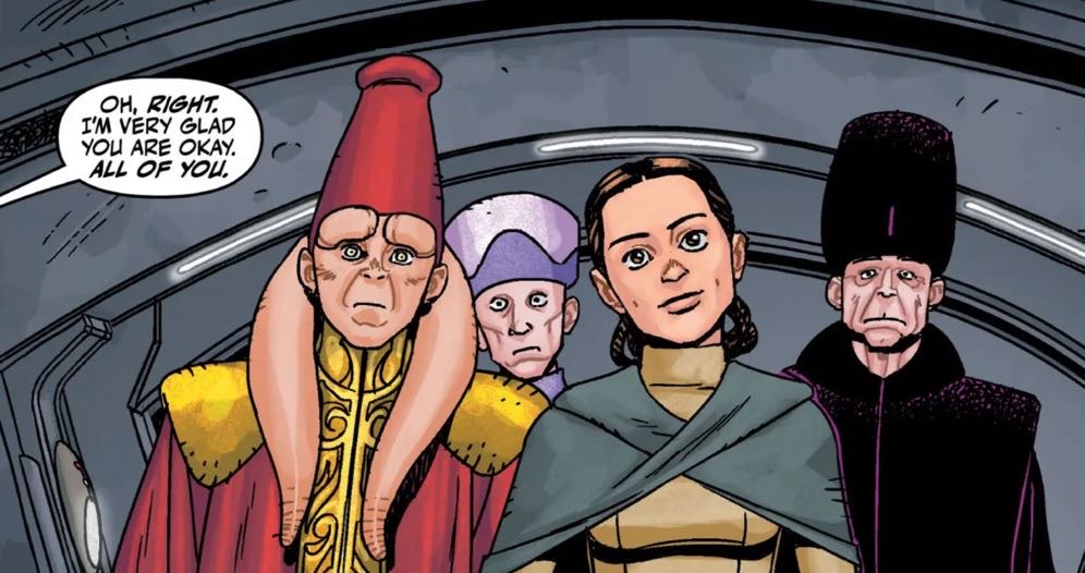 Leia Organa in a Star Wars comic panel: "Oh, right. I am very glad you are okay. All of you."