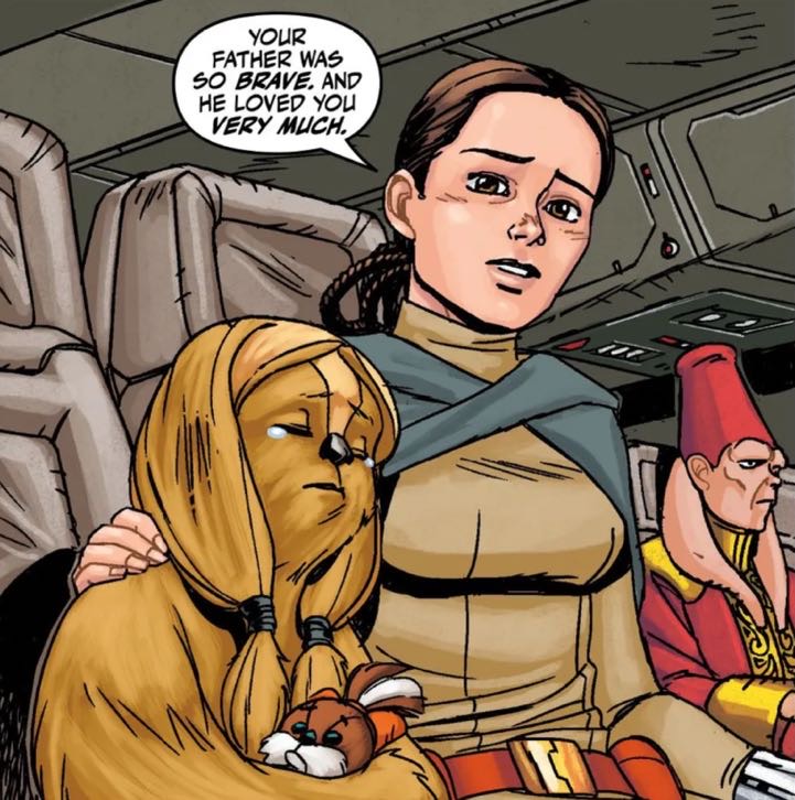 Leia Organa & Lumpawaroo in a Star Wars comic panel: "Your father was so brave, and he loved you very much."