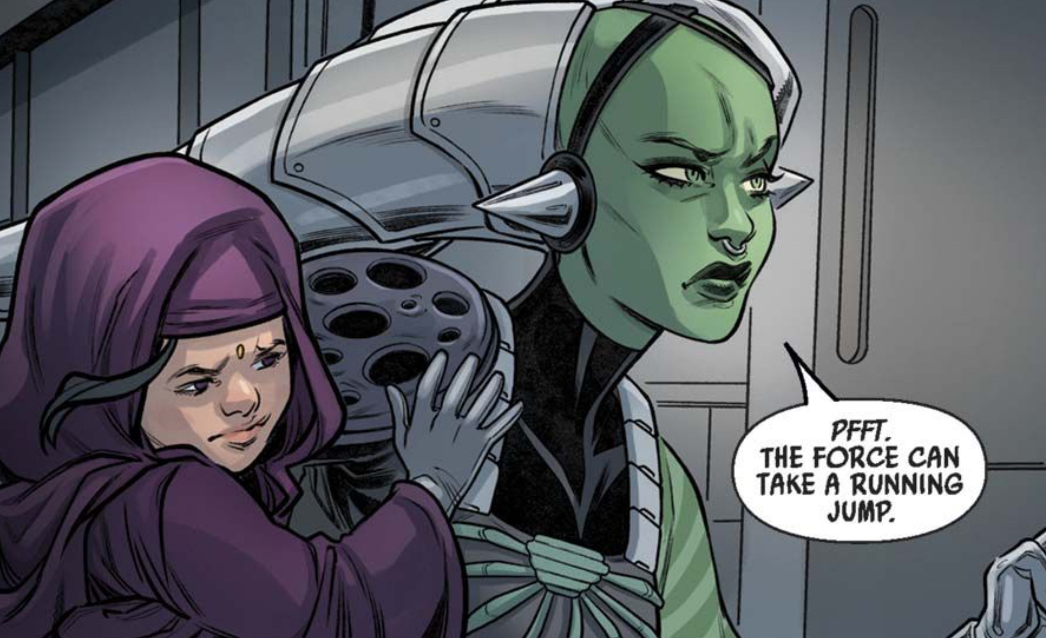 Zeen Mrala in a Star Wars comic panel: "Pfft. The Force can take a running jump."