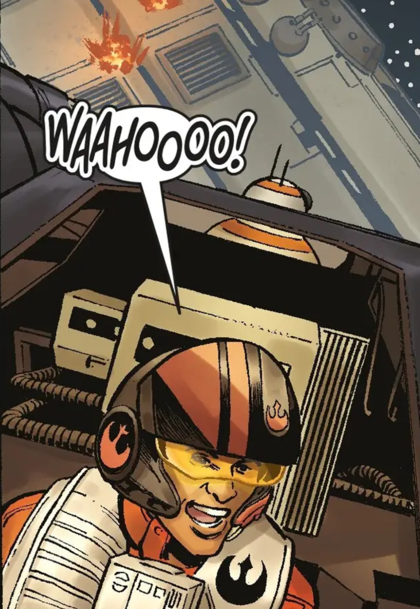 Poe Dameron & BB-8 in a Star Wars comic panel: "WAAHOOOO!"