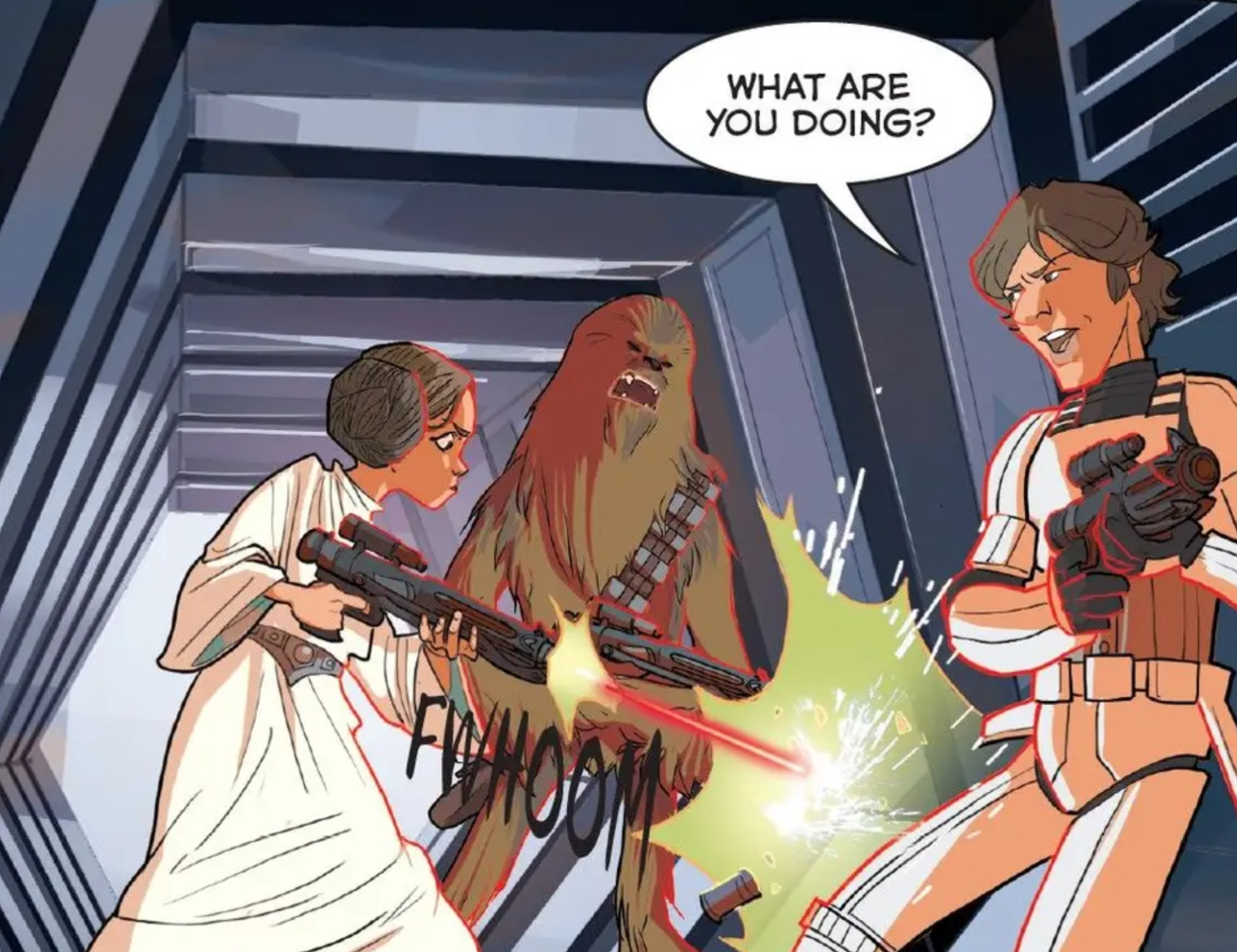 Leia Organa & Chewbacca in a Star Wars comic panel: "What are you doing?"