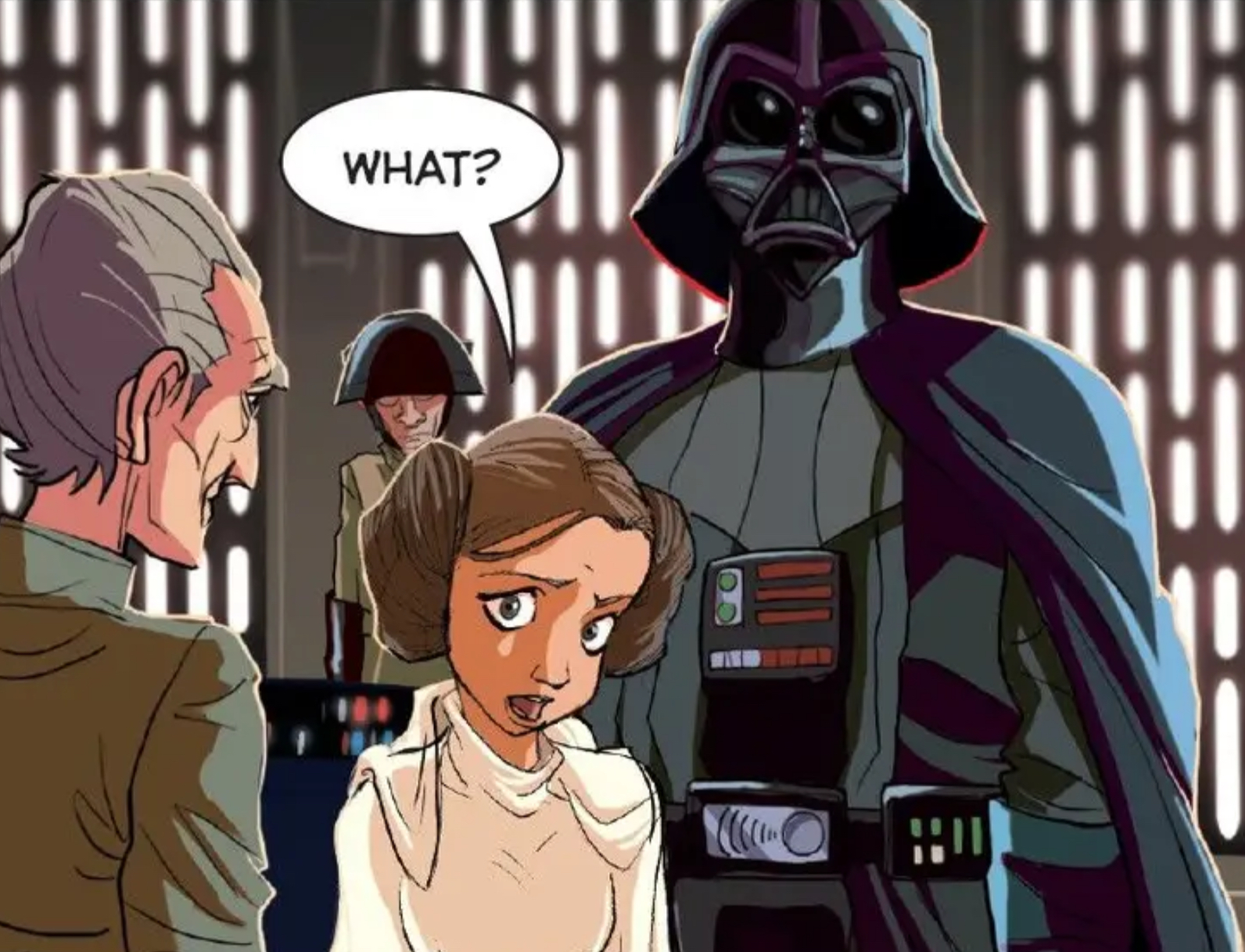 Leia Organa & Darth Vader in a Star Wars comic panel: "What?"