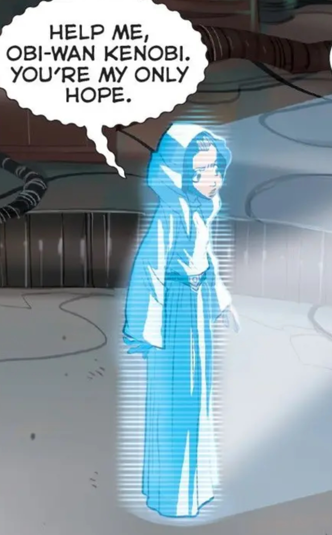 Leia Organa in a Star Wars comic panel: "Help me, Obi-Wan Kenobi. You're my only hope."