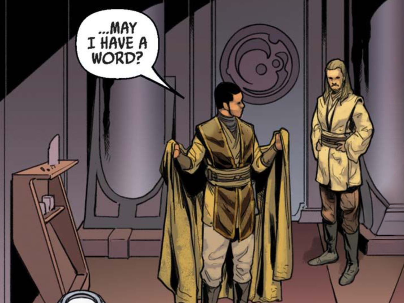 Obi-Wan Kenobi & Qui-Gon Jinn in a Star Wars comic panel: "...May I have a word?"
