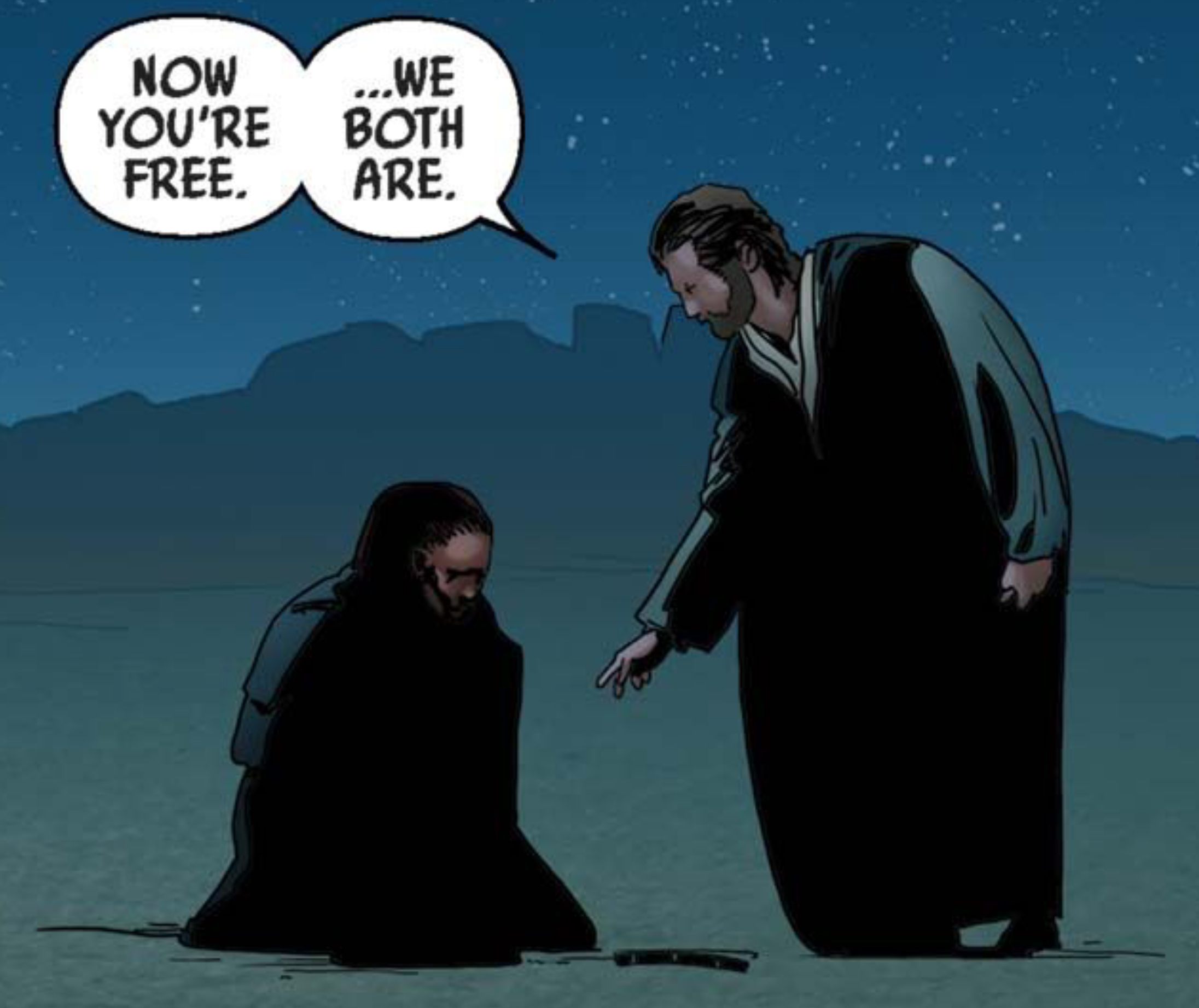 Obi-Wan Kenobi & Qui-Gon Jinn in a Star Wars comic panel: "Now you're free. We both are."