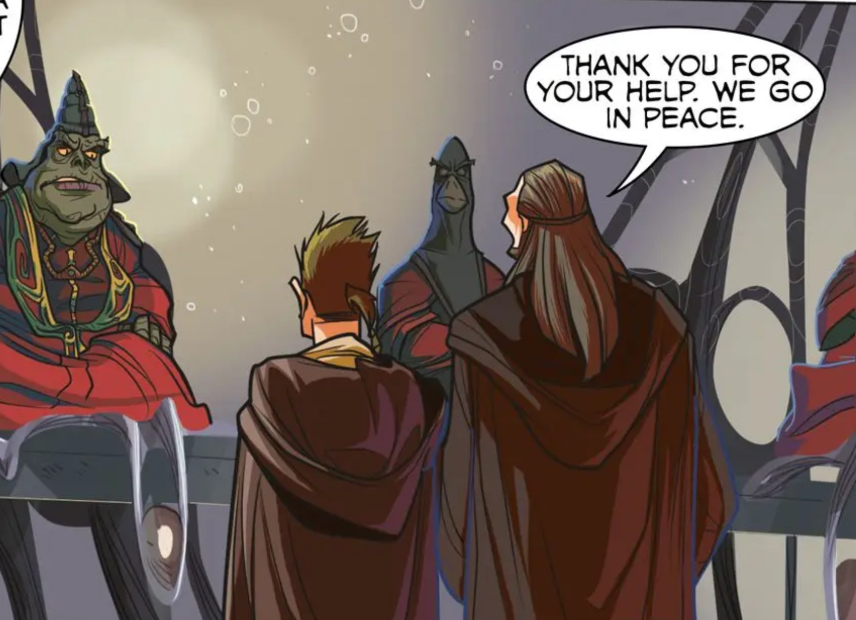Qui-Gon Jinn & Obi-Wan Kenobi in a Star Wars comic panel: "Thank you for your help. We go in peace."