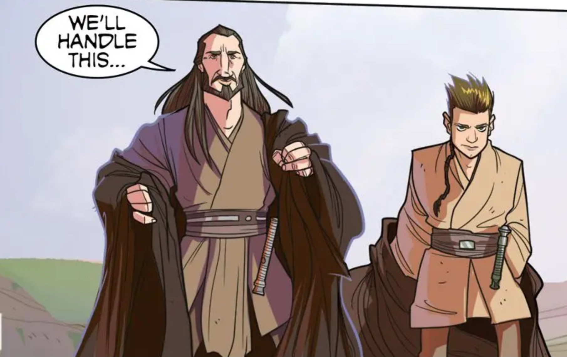 Qui-Gon Jinn & Obi-Wan Kenobi in a Star Wars comic panel: "We'll handle this..."
